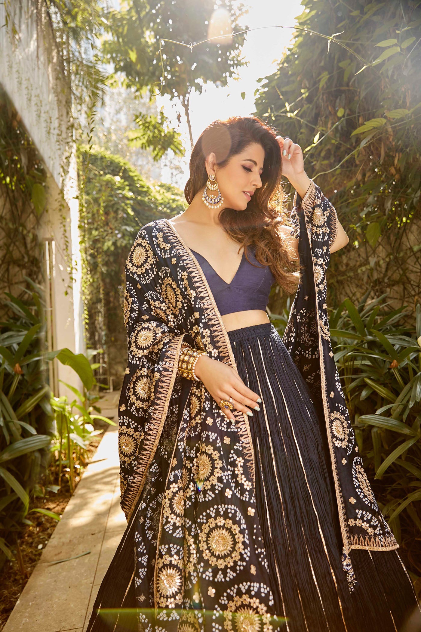 Dark Navy Blue Crushed Silk Lehenga Set