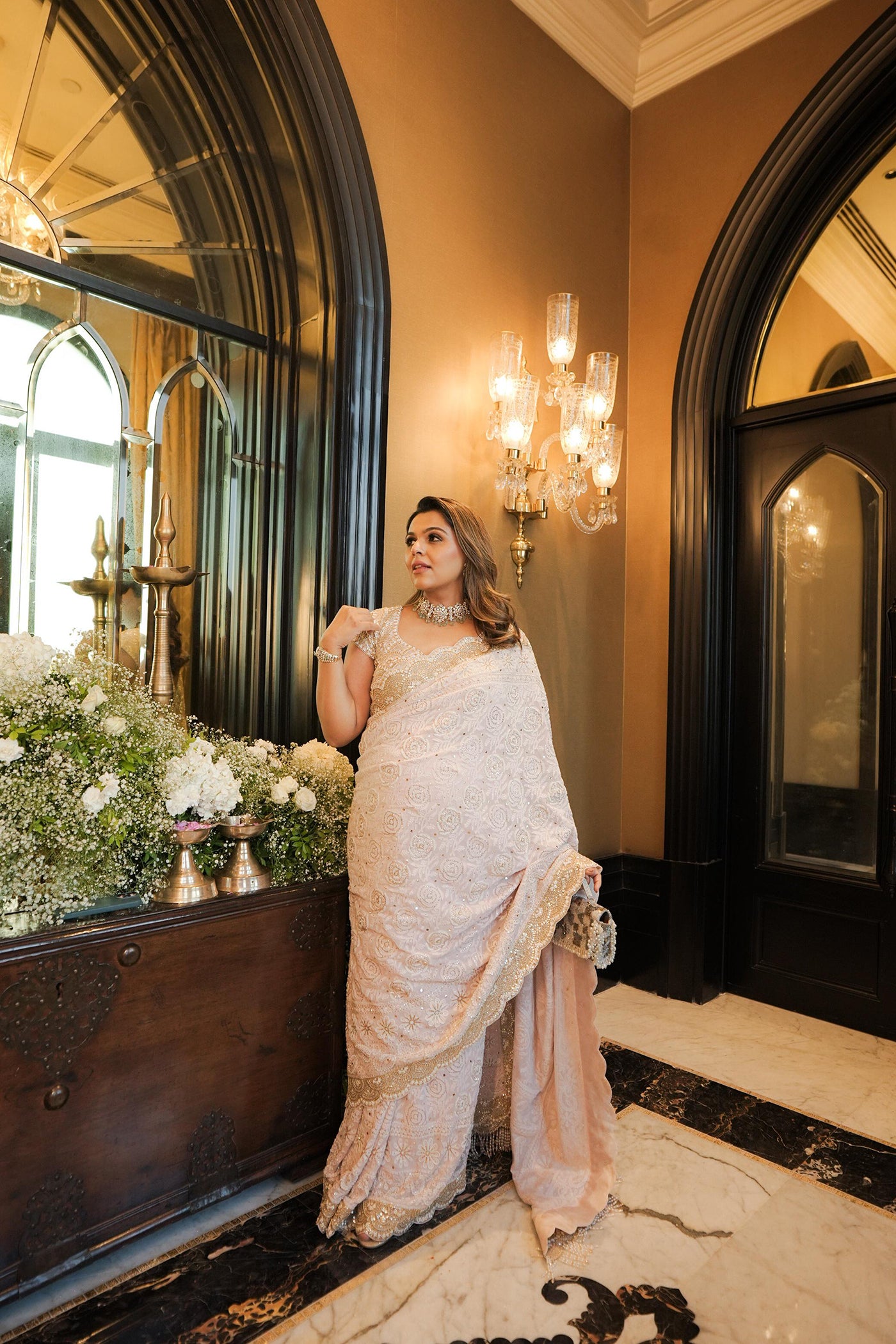 Pink Georgette Chikankari Mukaish Work Saree Set