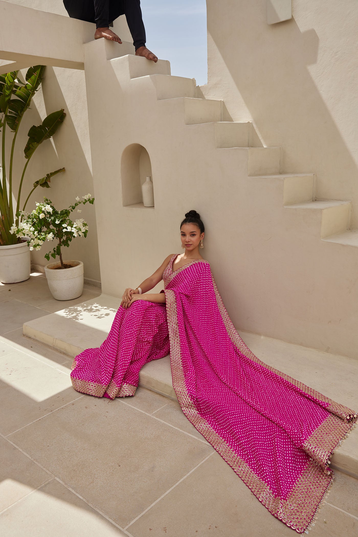 Pink Bandhani Saree Set