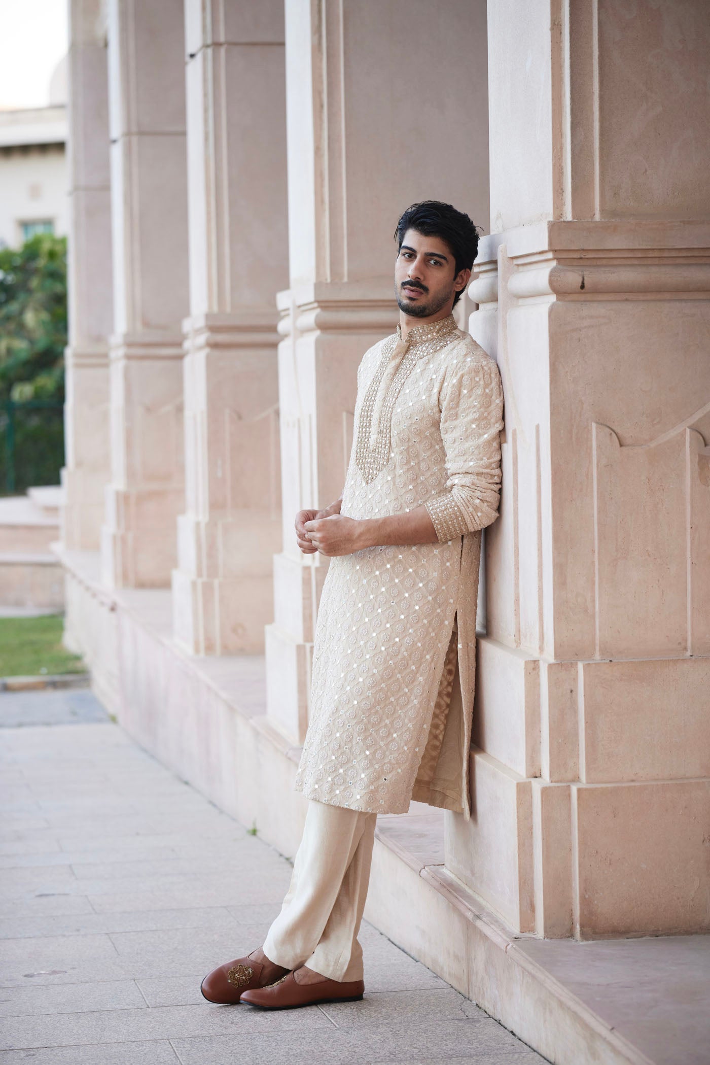 Beige Embroidered chikankari Kurta Set