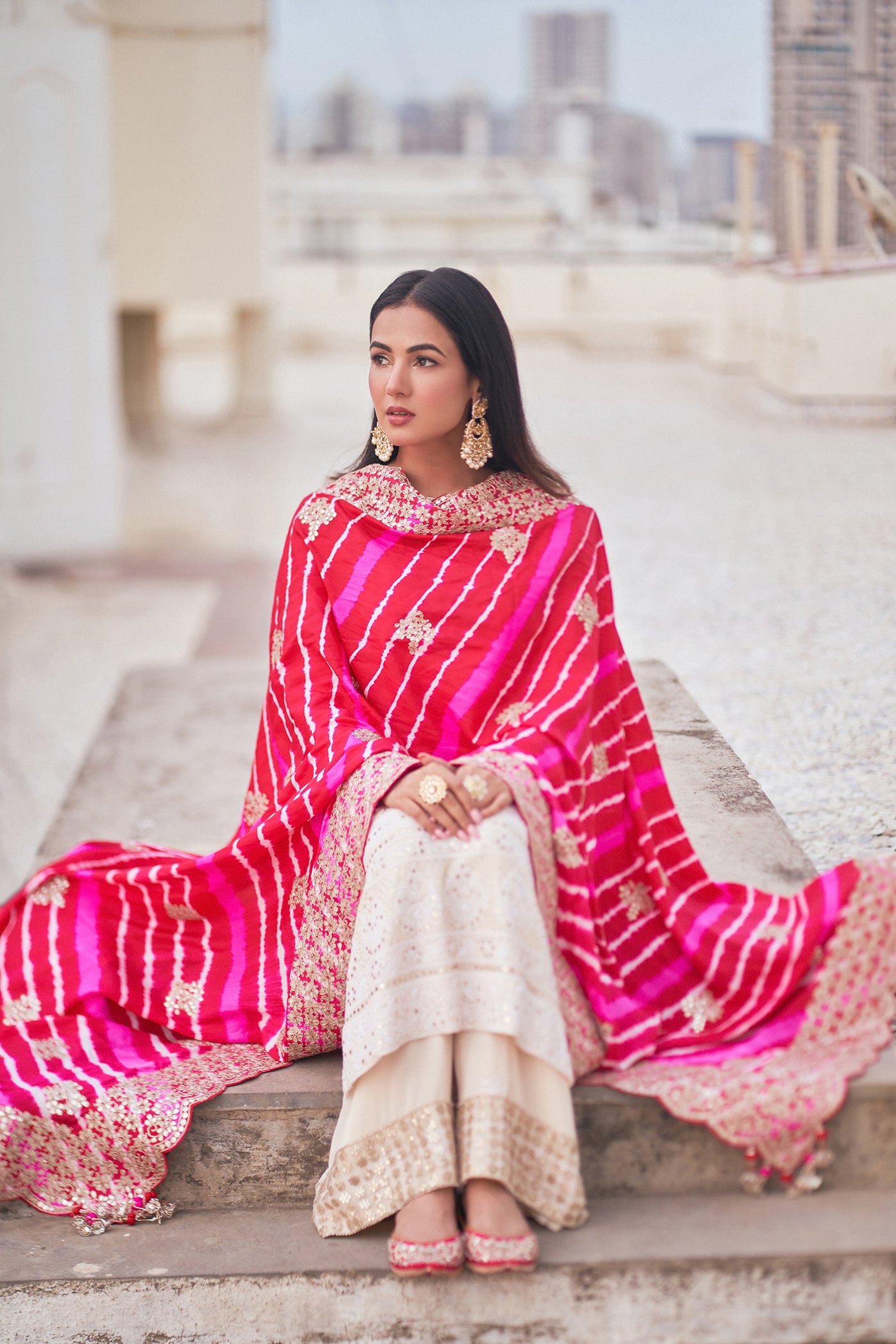 Ivory Embroidered Chikan Kurta Set with Pink Leheriya Dupatta