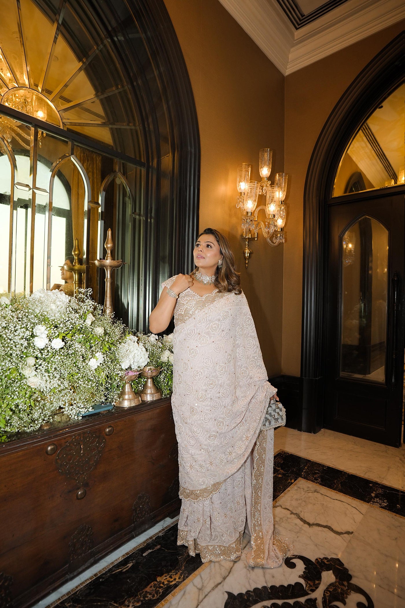 Pink Georgette Chikankari Mukaish Work Saree Set