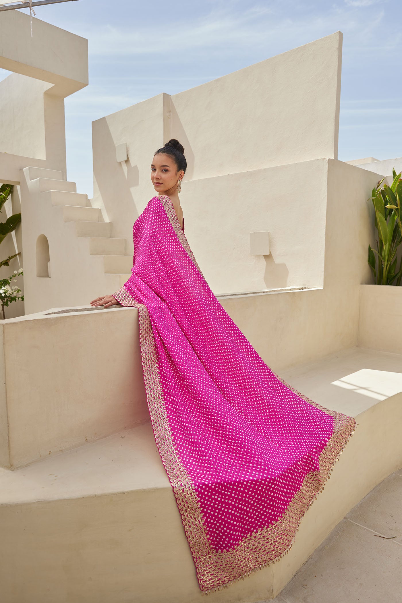 Pink Bandhani Saree Set