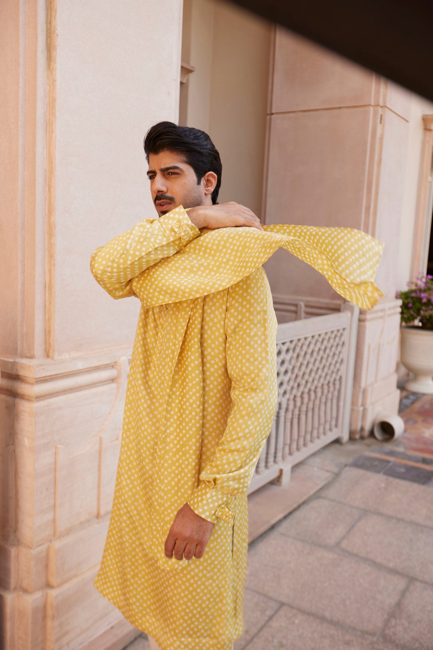 YELLOW DOT BANDHANI GAJJI SILK KURTA SET