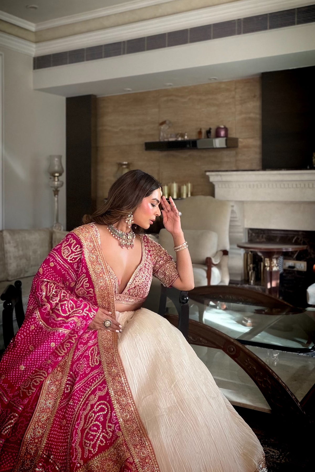 Chandni Girdhar In Ivory Crush Lappa Lehenga with Pink Bandhani Dupatta