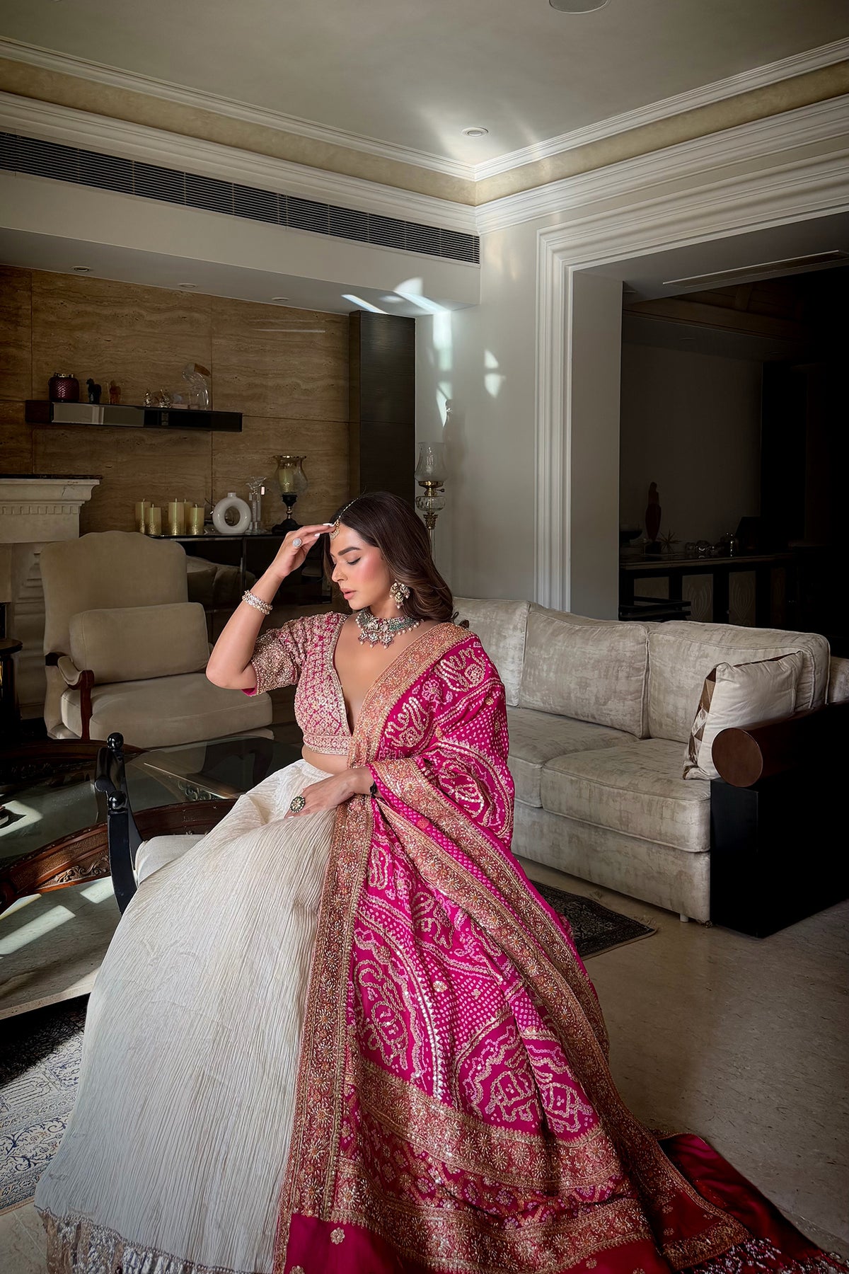 Chandni Girdhar In Ivory Crush Lappa Lehenga with Pink Bandhani Dupatta