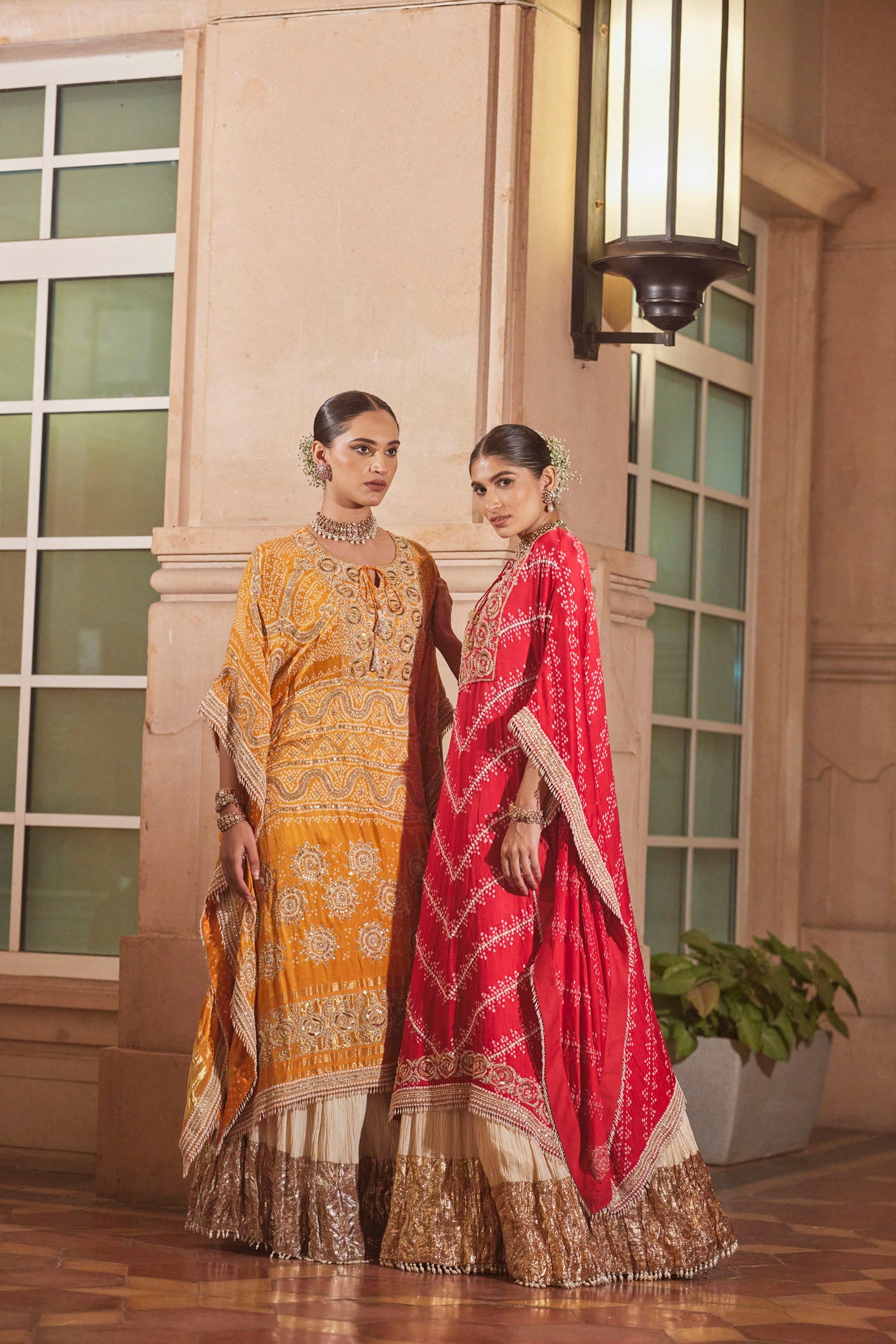Red Bandhani Kaftan Set with Embroidery