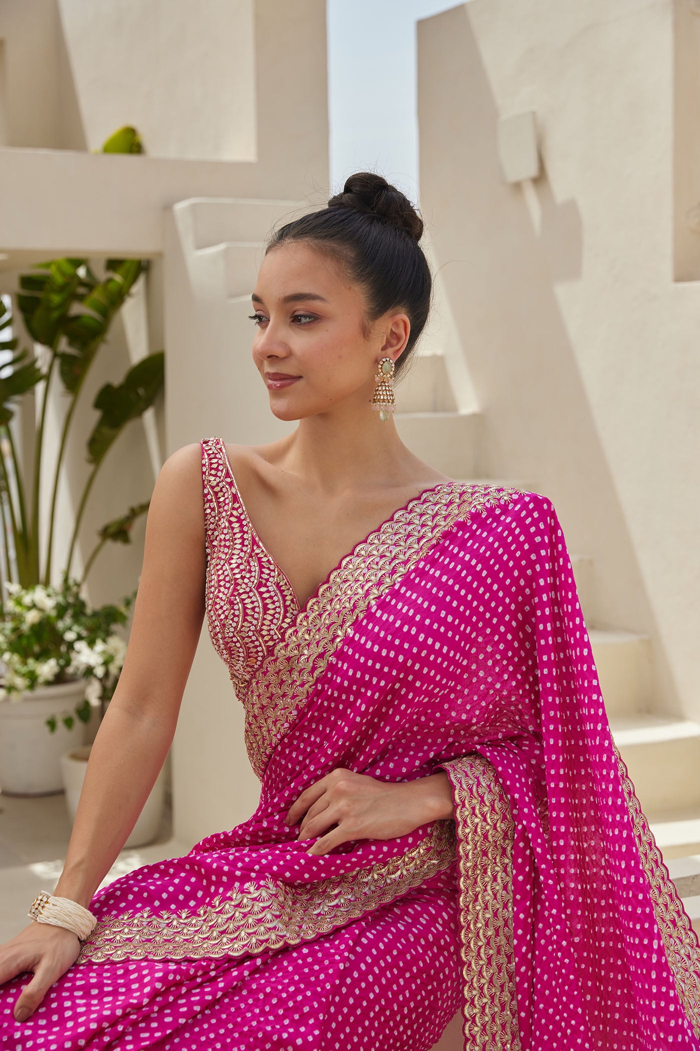 Pink Bandhani Saree Set