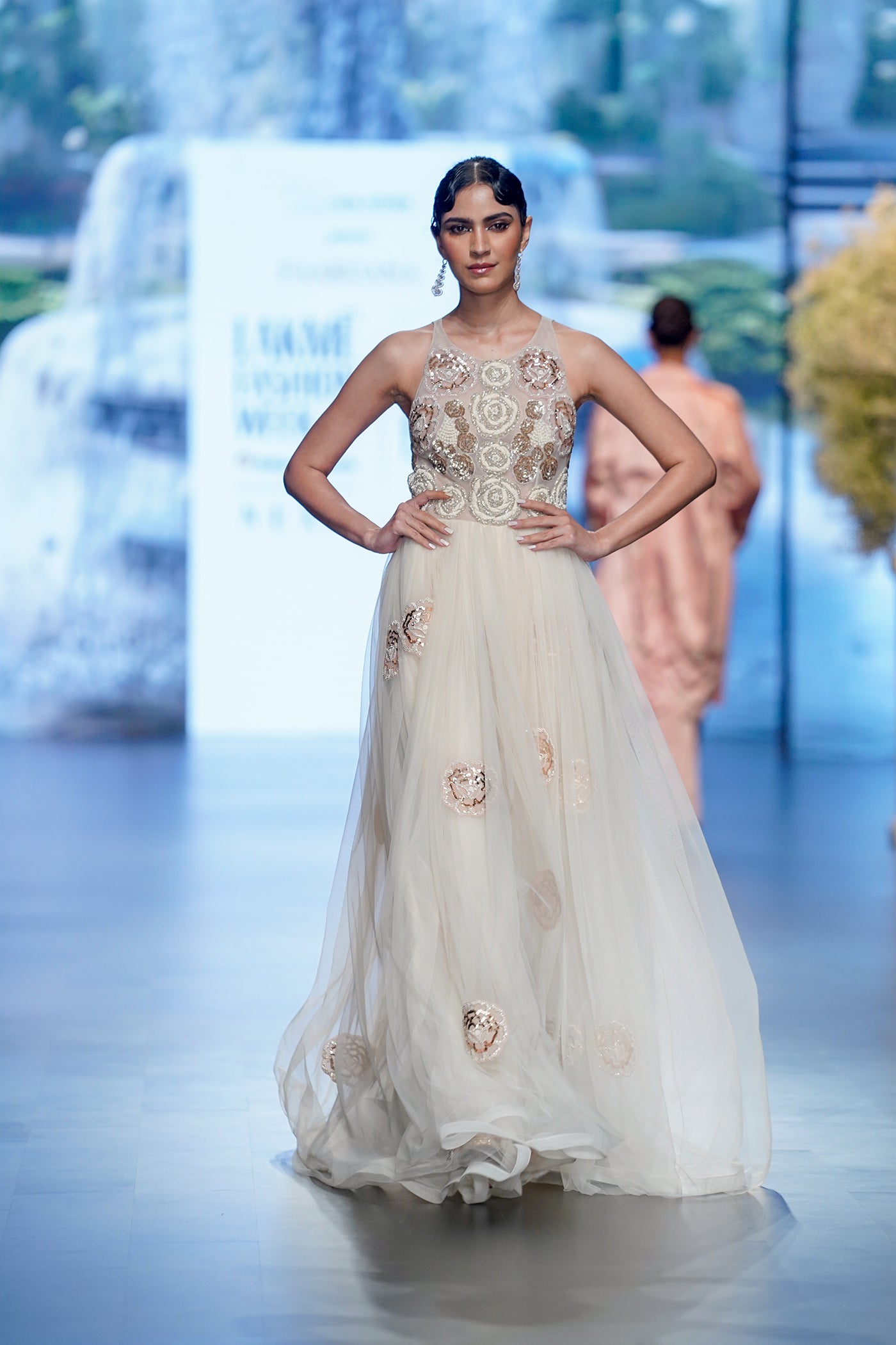 Ivory Floral-Embellished Tulle Gown