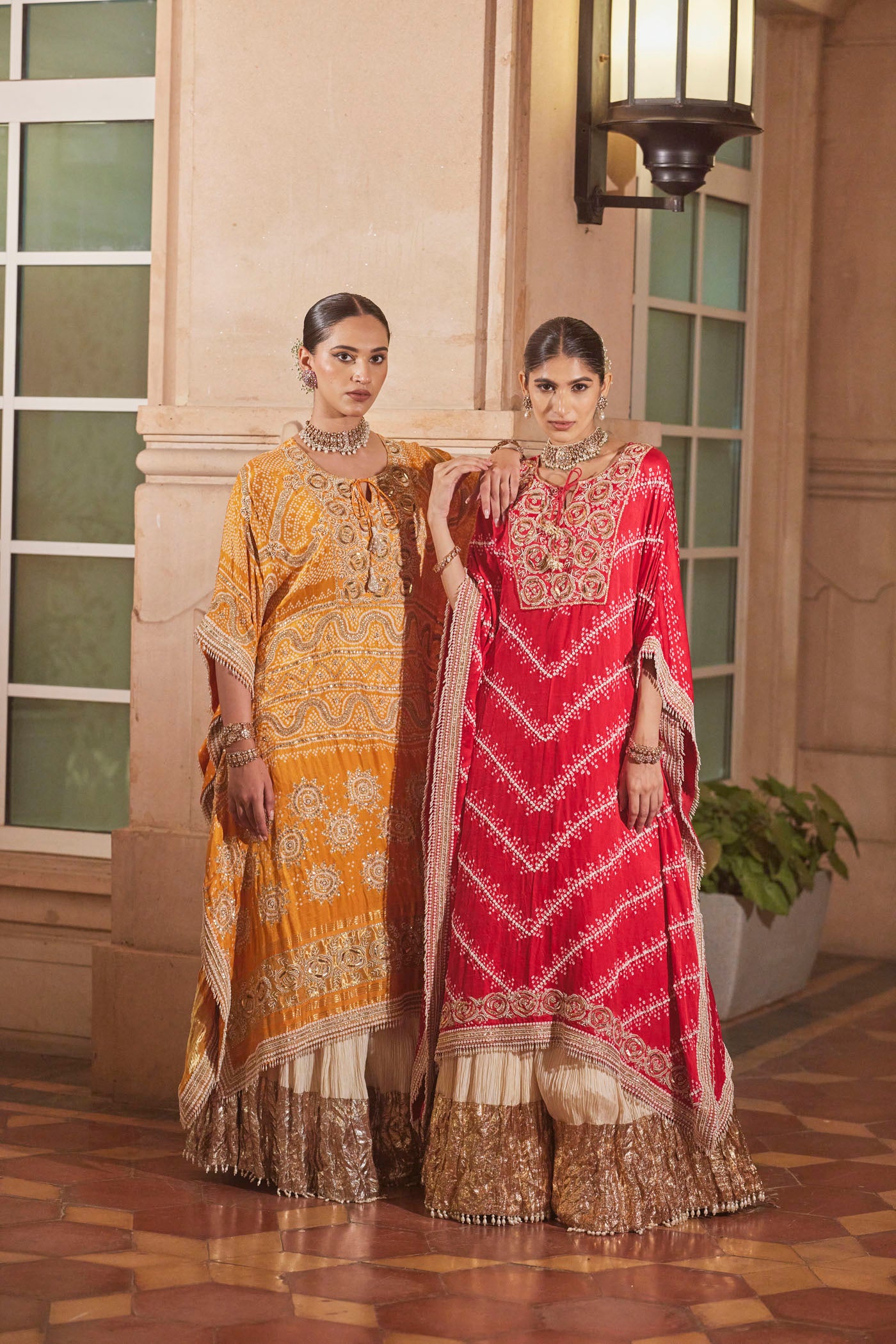 Orange Bandhani Kaftan Set with Embroidery