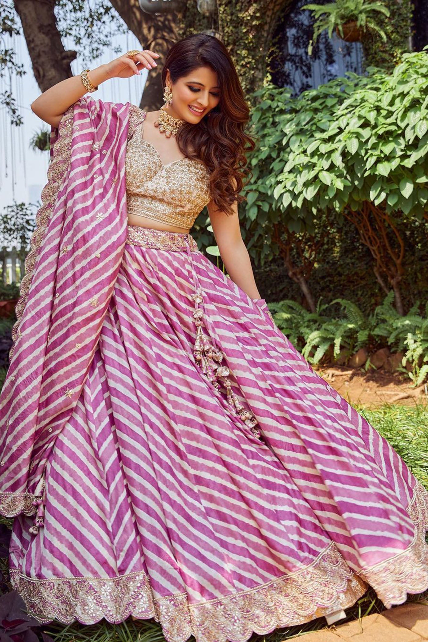 Lavender Leheriya Embroidered Lehenga Set