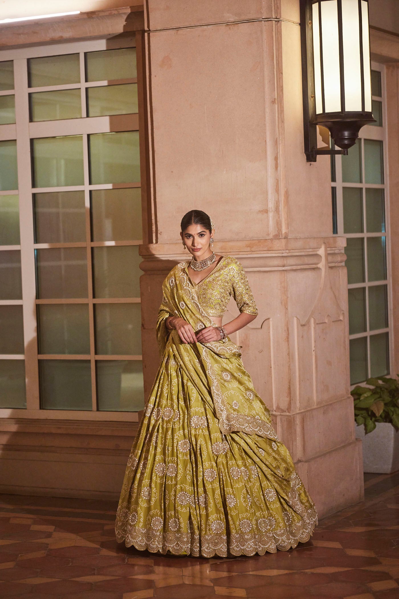 Green Silk Bandhani Lehenga Set