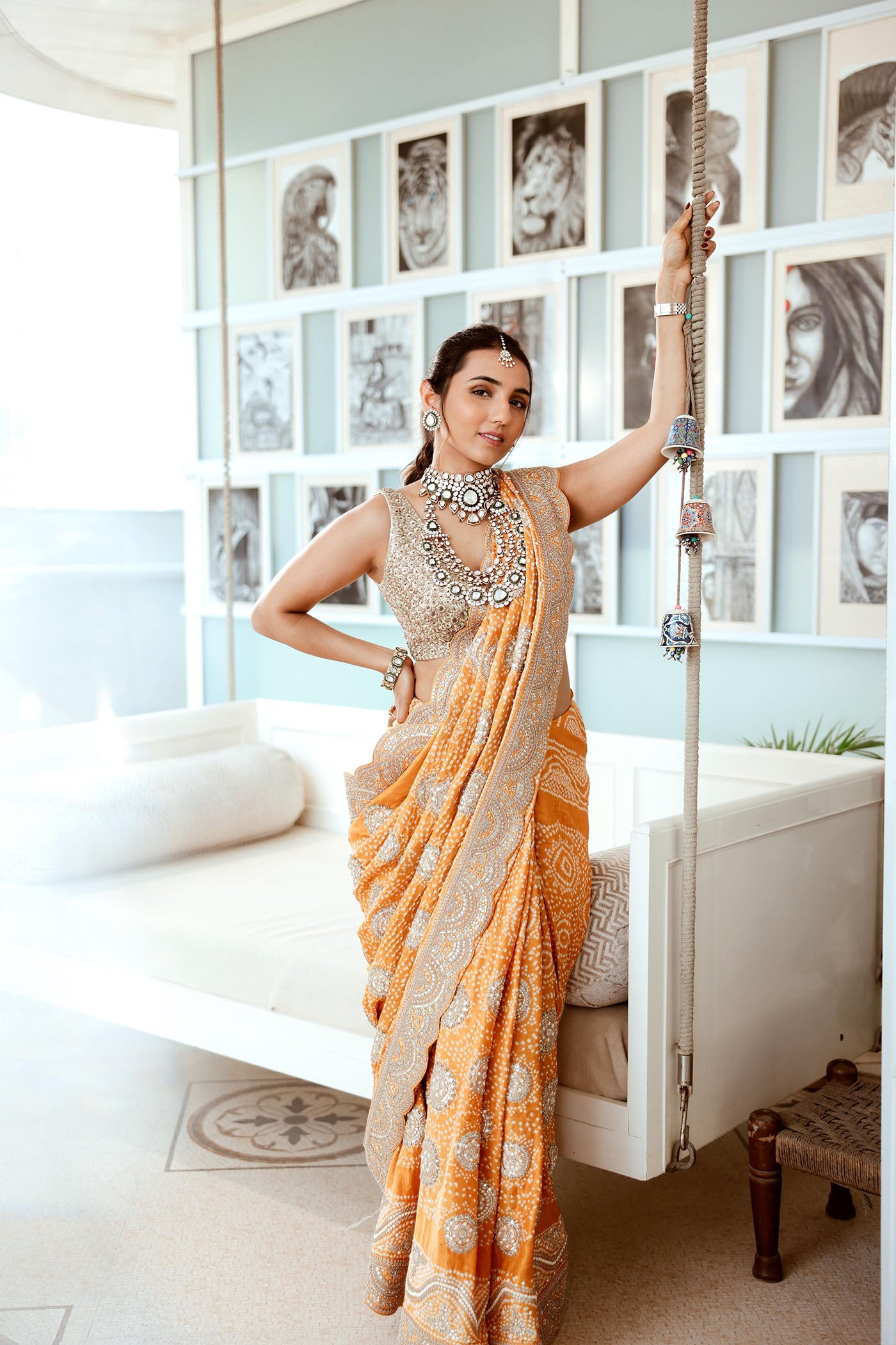 Orange Gajji Silk Bandhani Saree Set