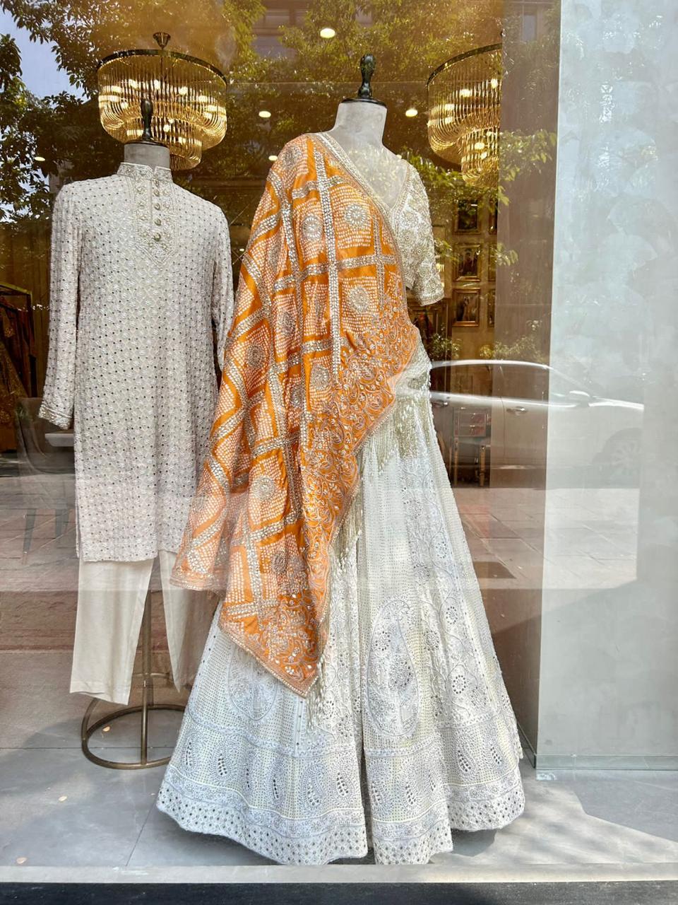 Ivory Embroidered Sherwani And Lehenga Set