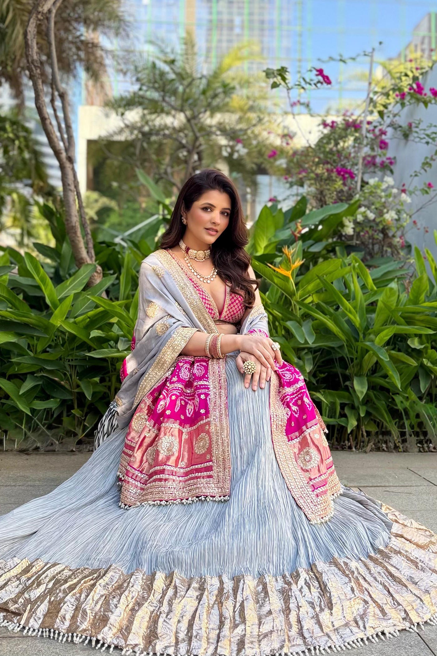 Ice Blue Crushed Silk Lehenga Set