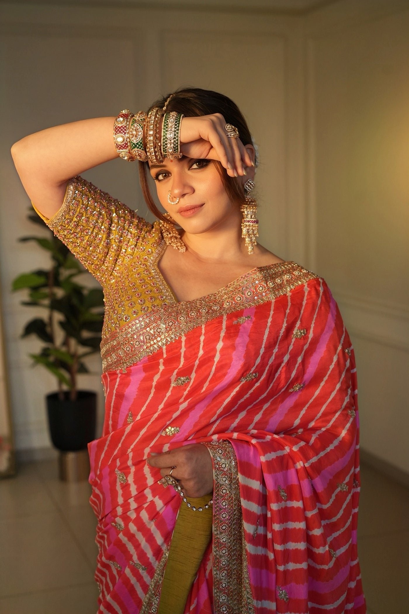 Orange Pink Yellow Dupion Silk Leheriya Saree