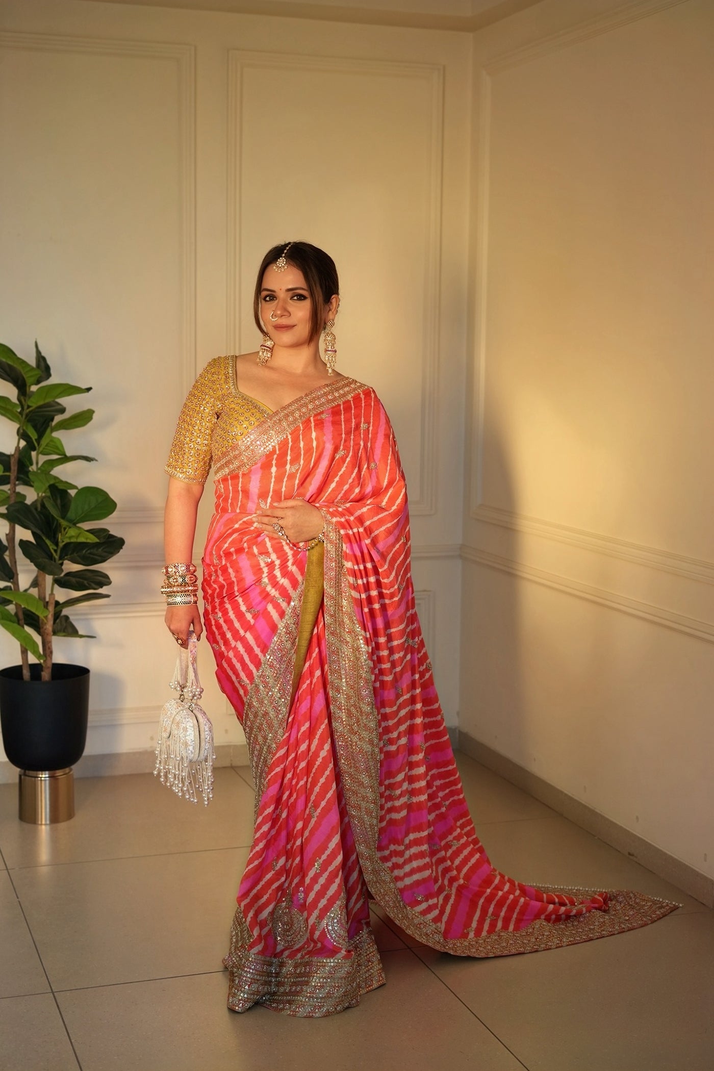 Orange Pink Yellow Dupion Silk Leheriya Saree