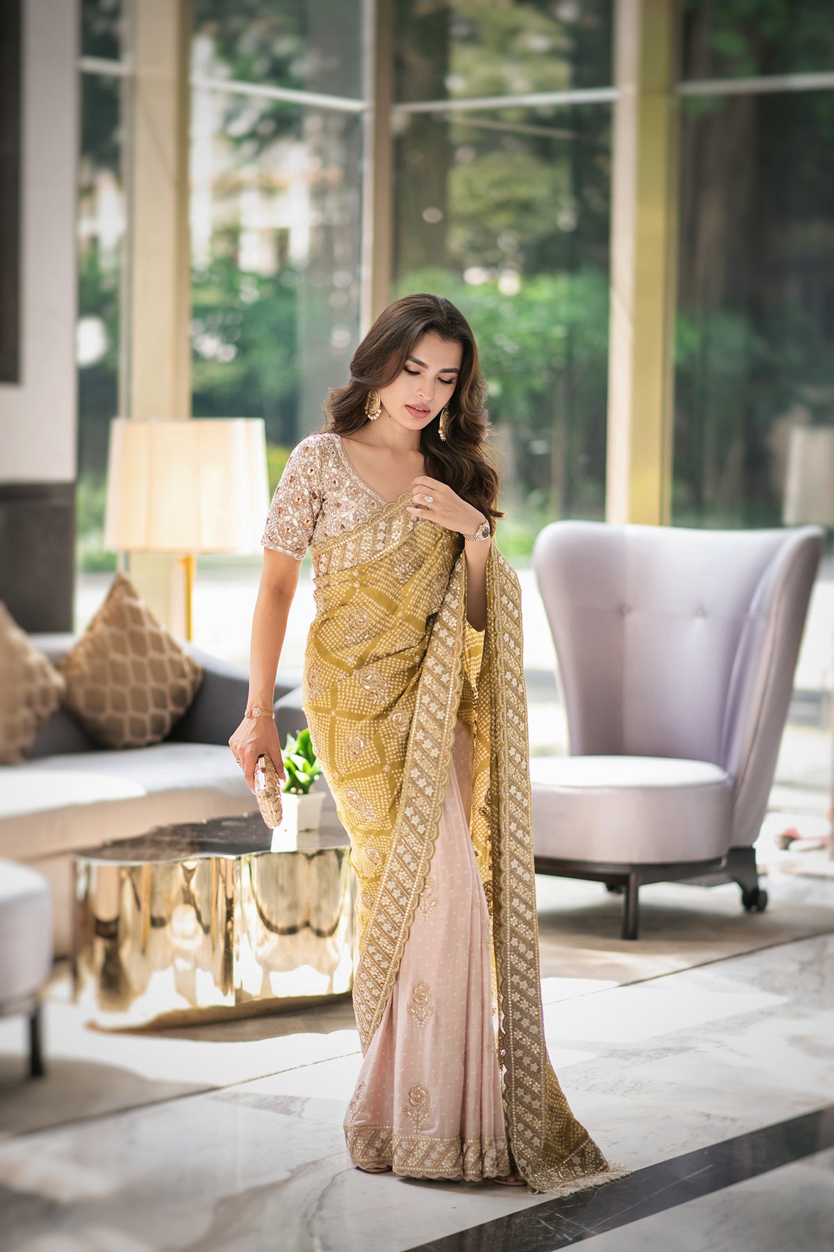 Saachi Bhasin In Peach Green Half & Half Bandhani Saree Set