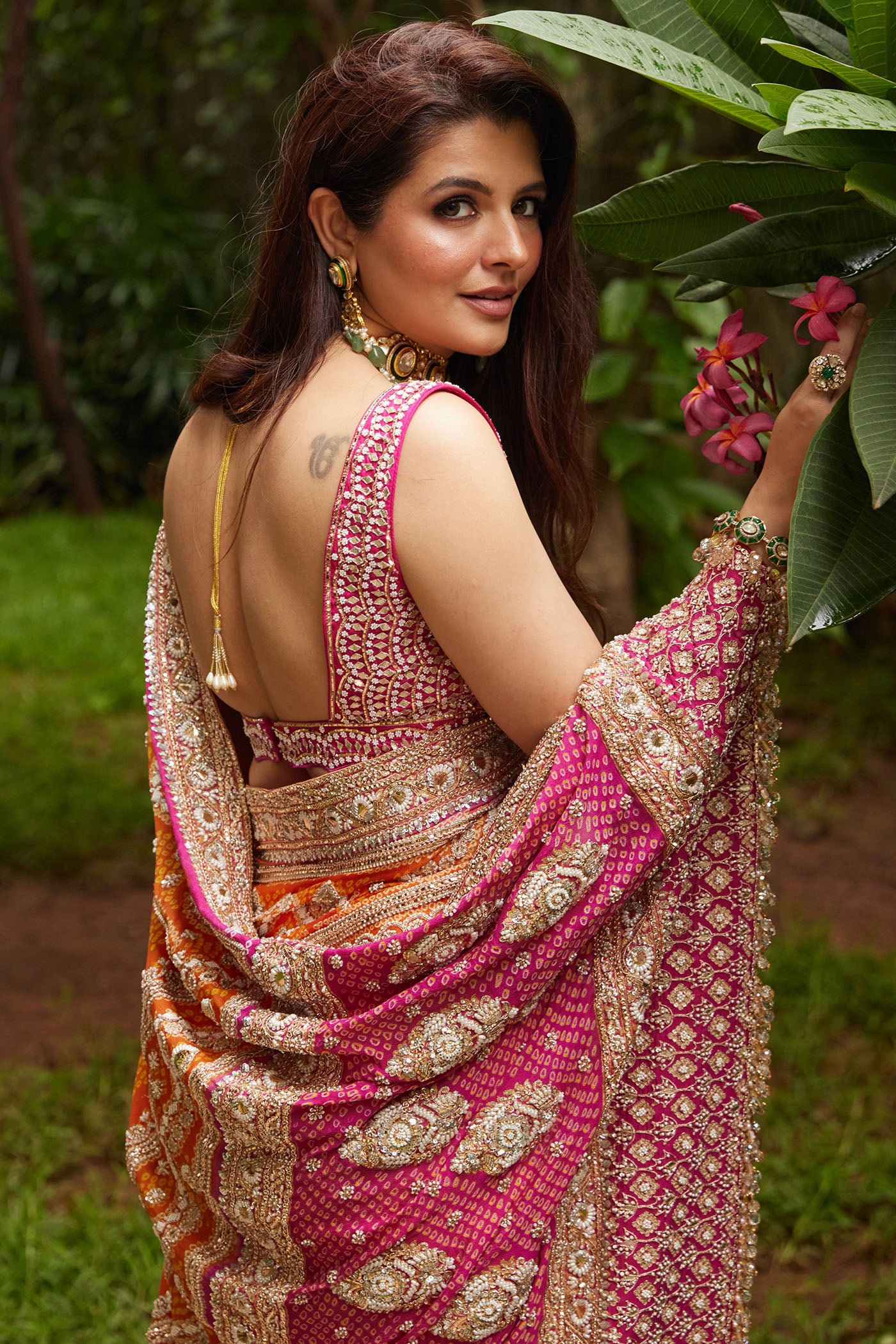 Pink-Orange Georgette Bandhani Saree Set