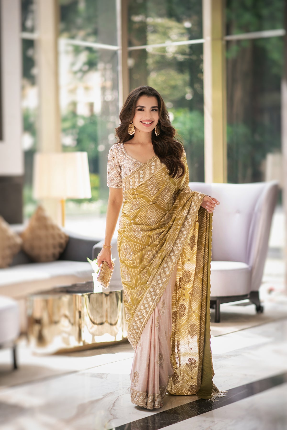 Saachi Bhasin In Peach Green Half & Half Bandhani Saree Set