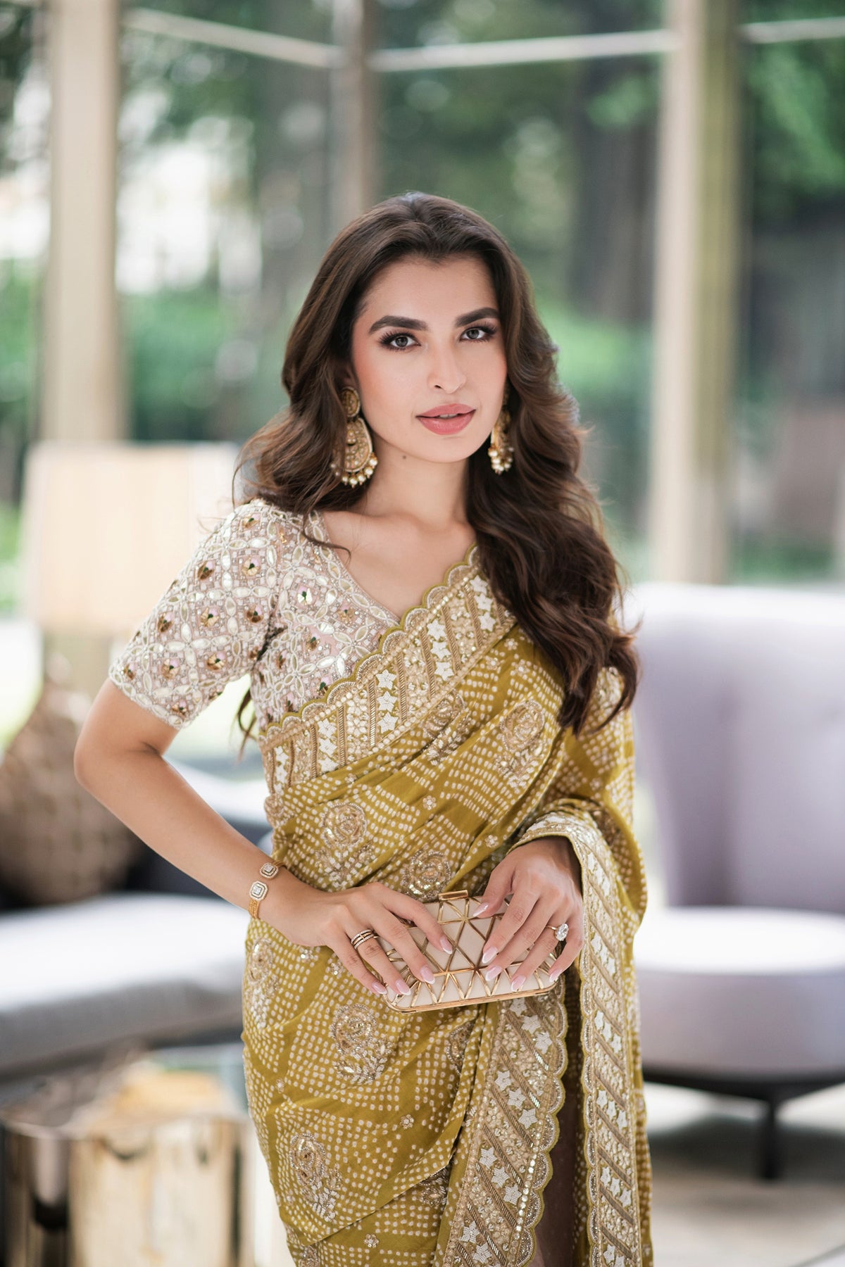 Saachi Bhasin In Peach Green Half & Half Bandhani Saree Set