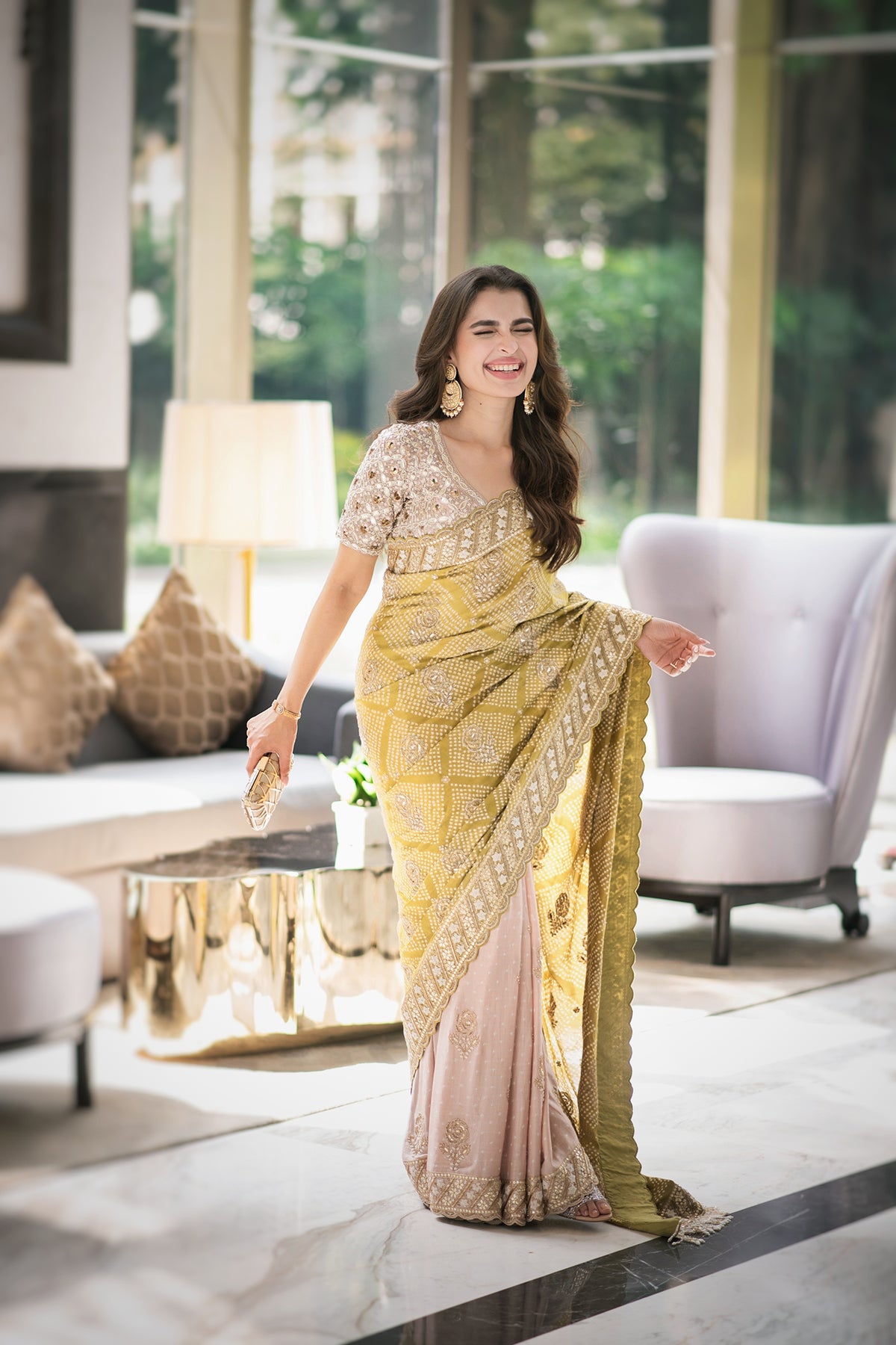Saachi Bhasin In Peach Green Half & Half Bandhani Saree Set