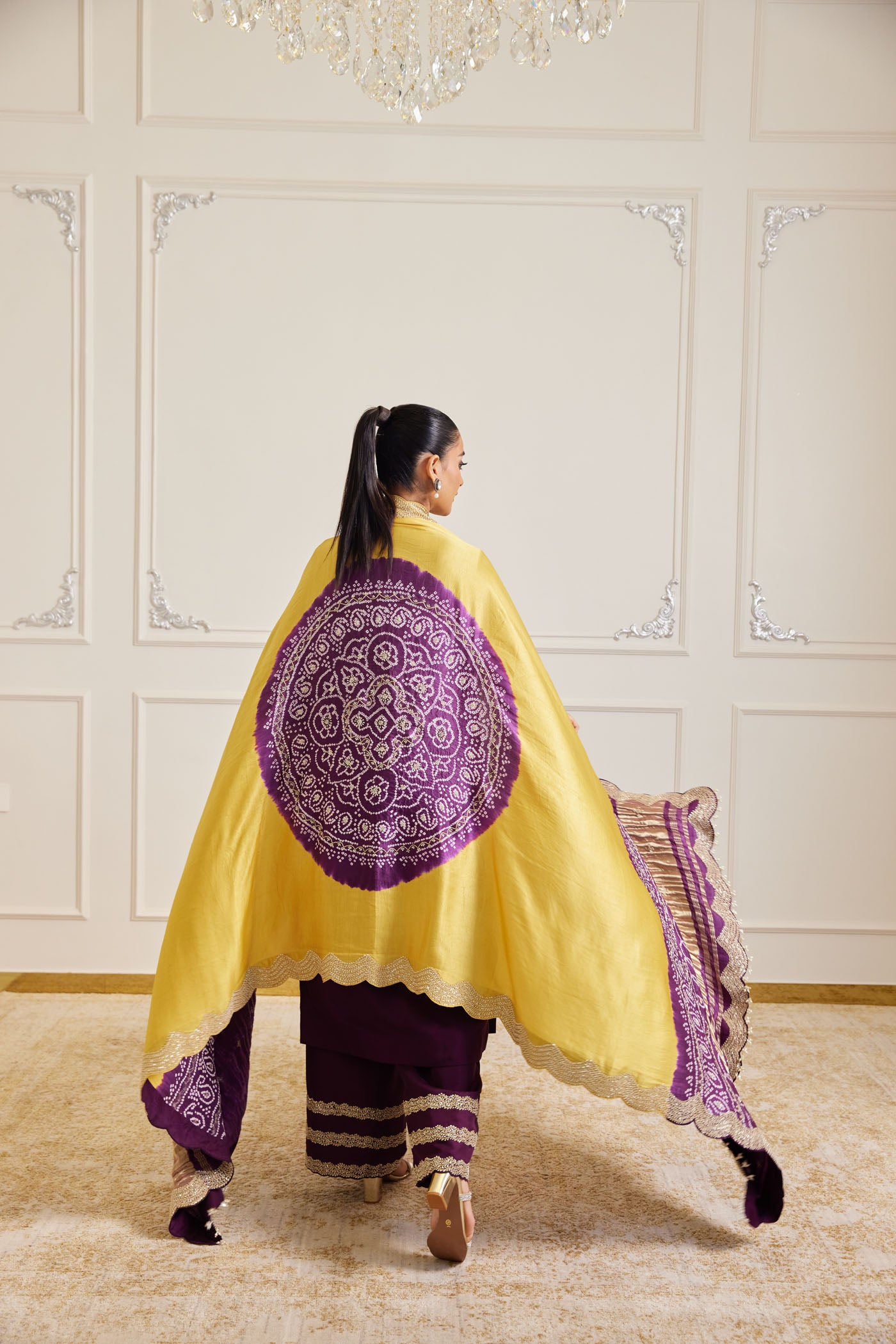 Plum & Mustard Bandhani Kurta Set With Dupatta