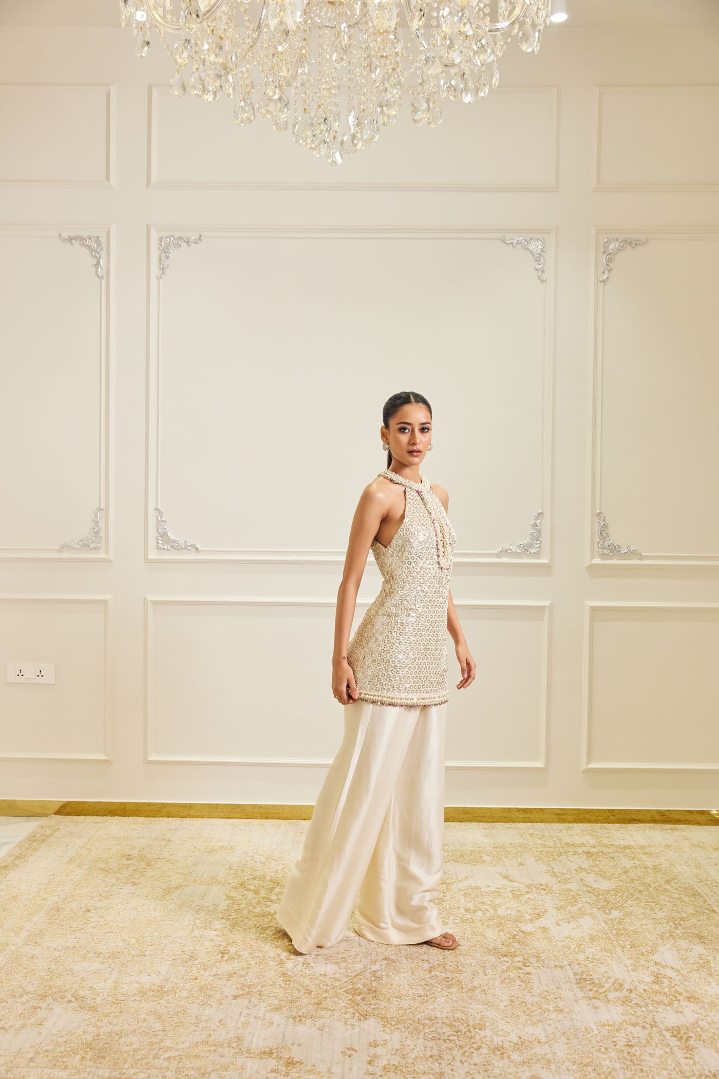 Ivory Embellished Halter Top & Palazzo Set