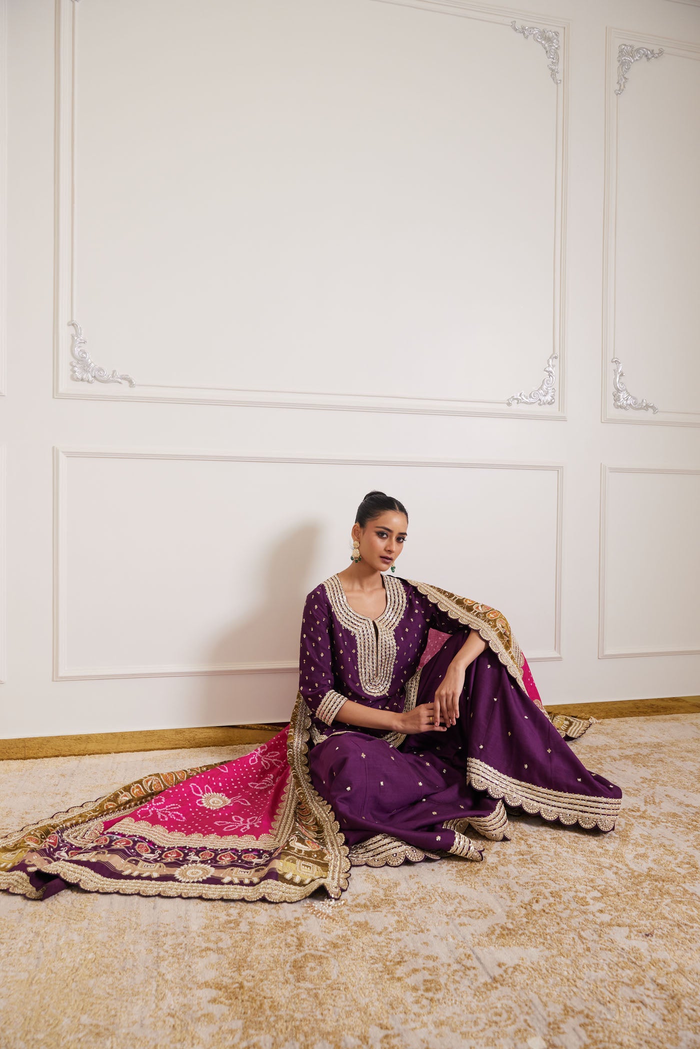 Plum Embellished Kurta Sharara Set With Dupatta