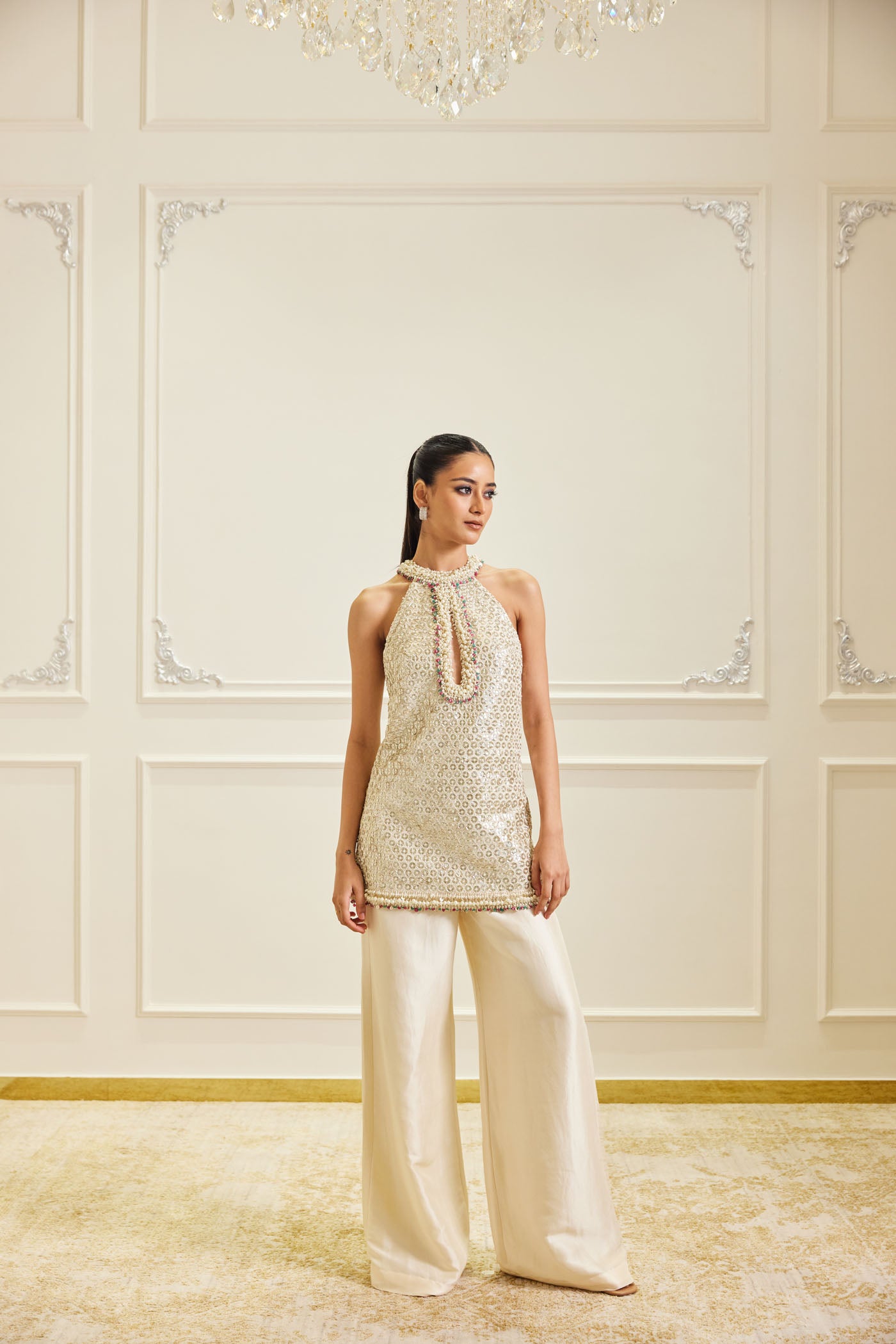 Ivory Embellished Halter Top & Palazzo Set