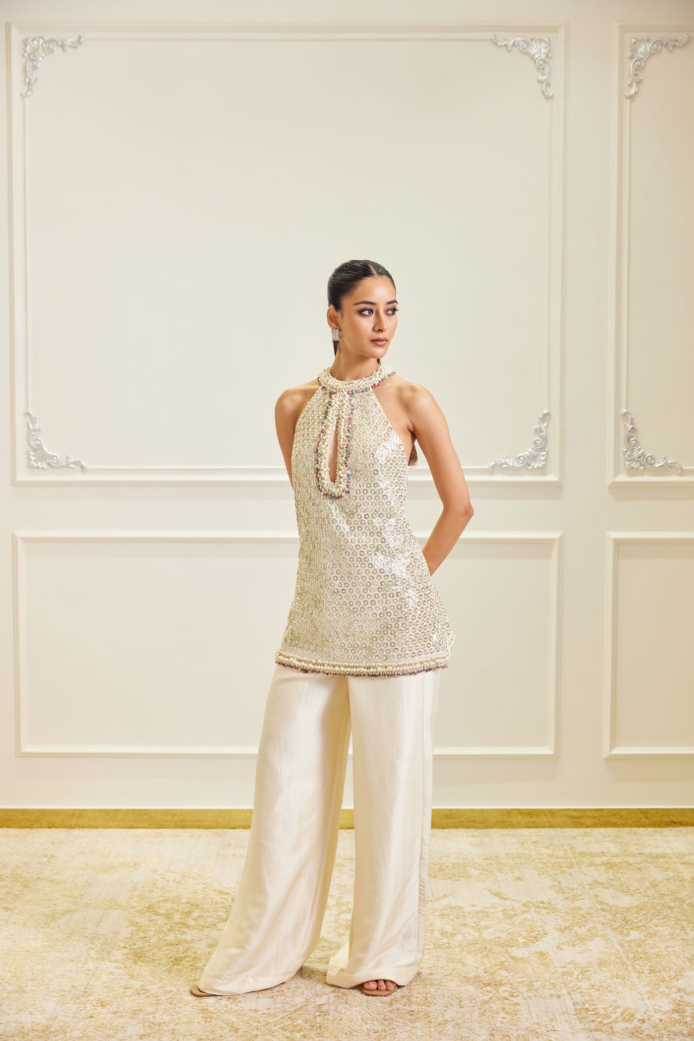 Ivory Embellished Halter Top & Palazzo Set
