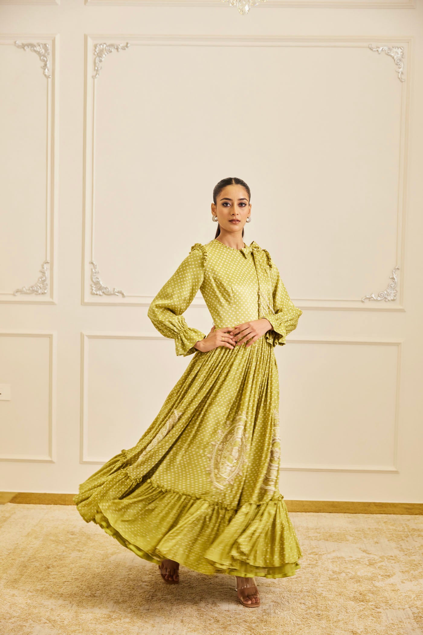 Olive Bandhani Maxi Dress