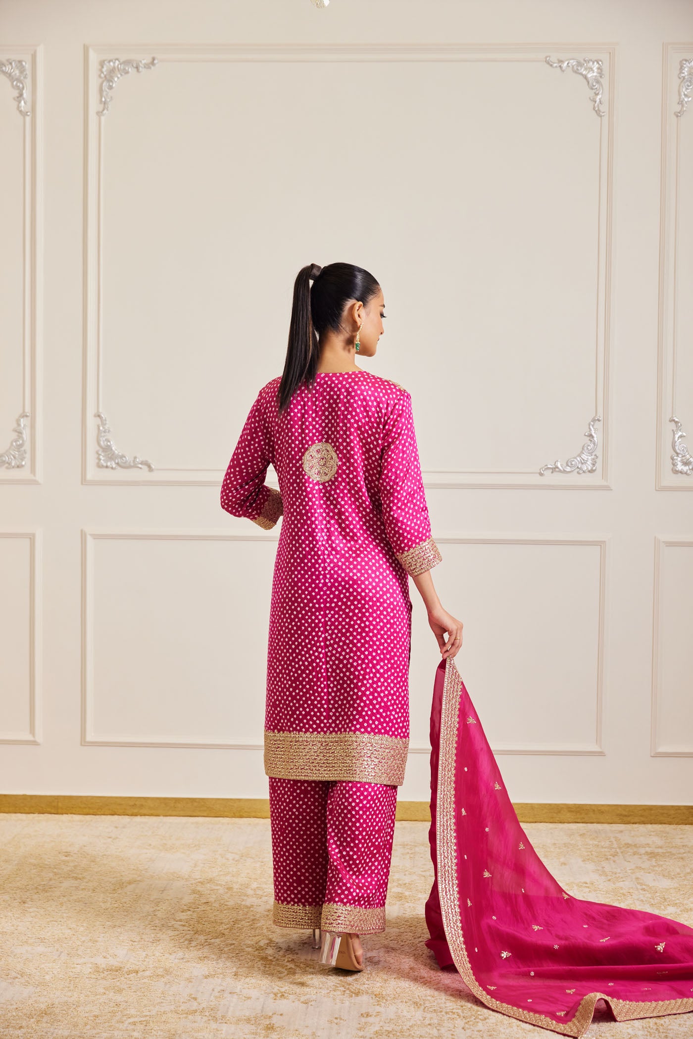 Rani Pink Bandhani Kurta Set With Dupatta