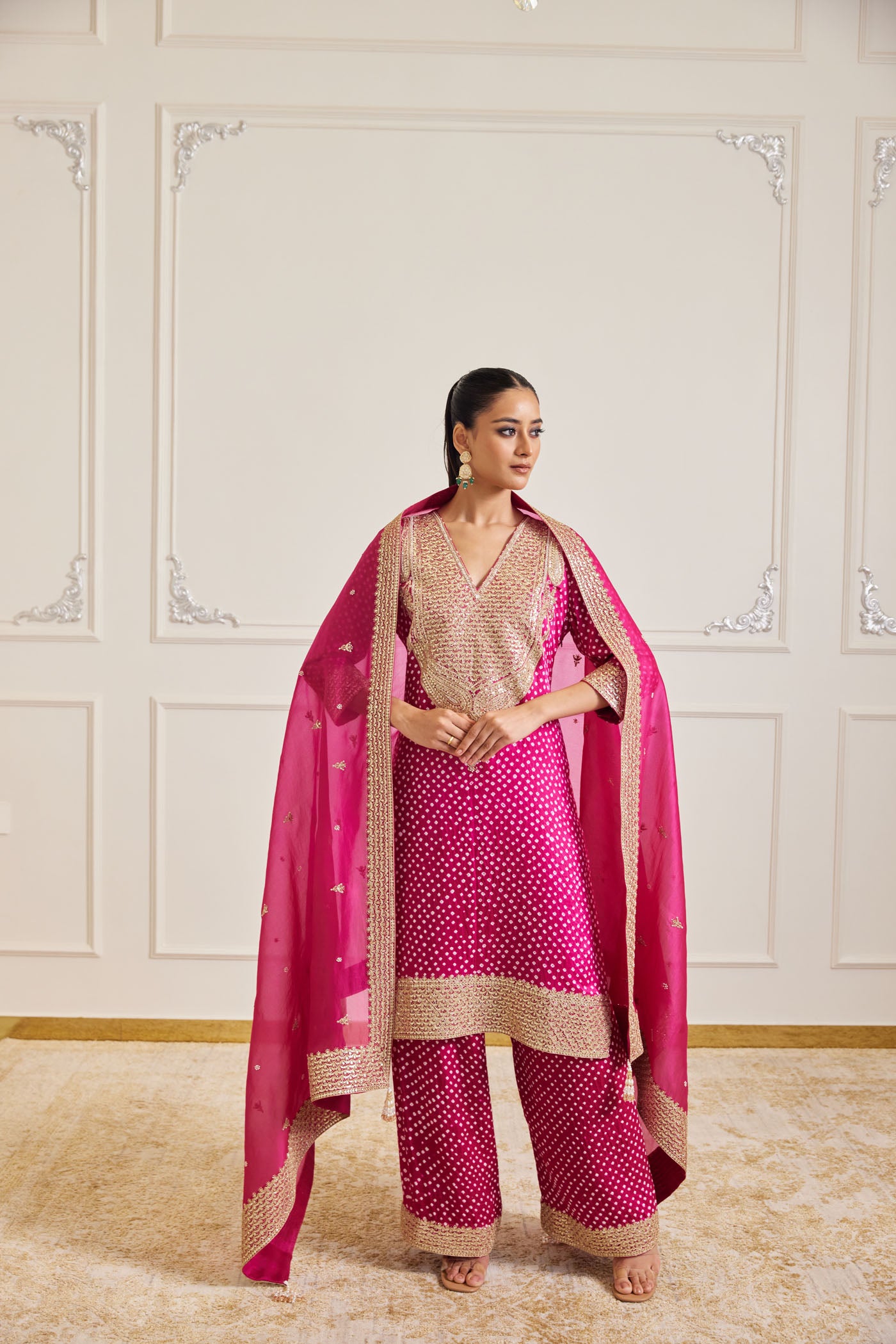 Rani Pink Bandhani Kurta Set With Dupatta