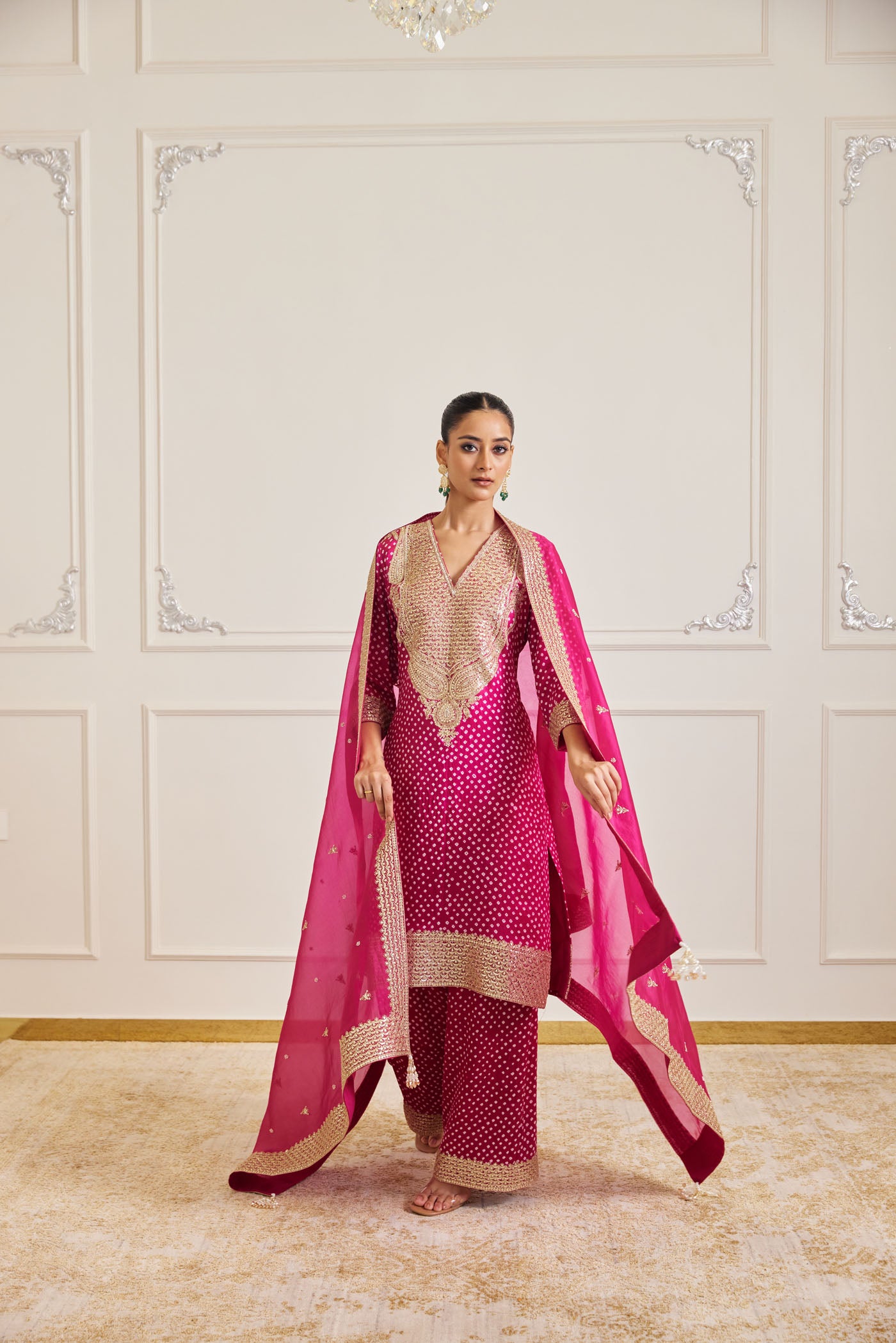 Rani Pink Bandhani Kurta Set With Dupatta