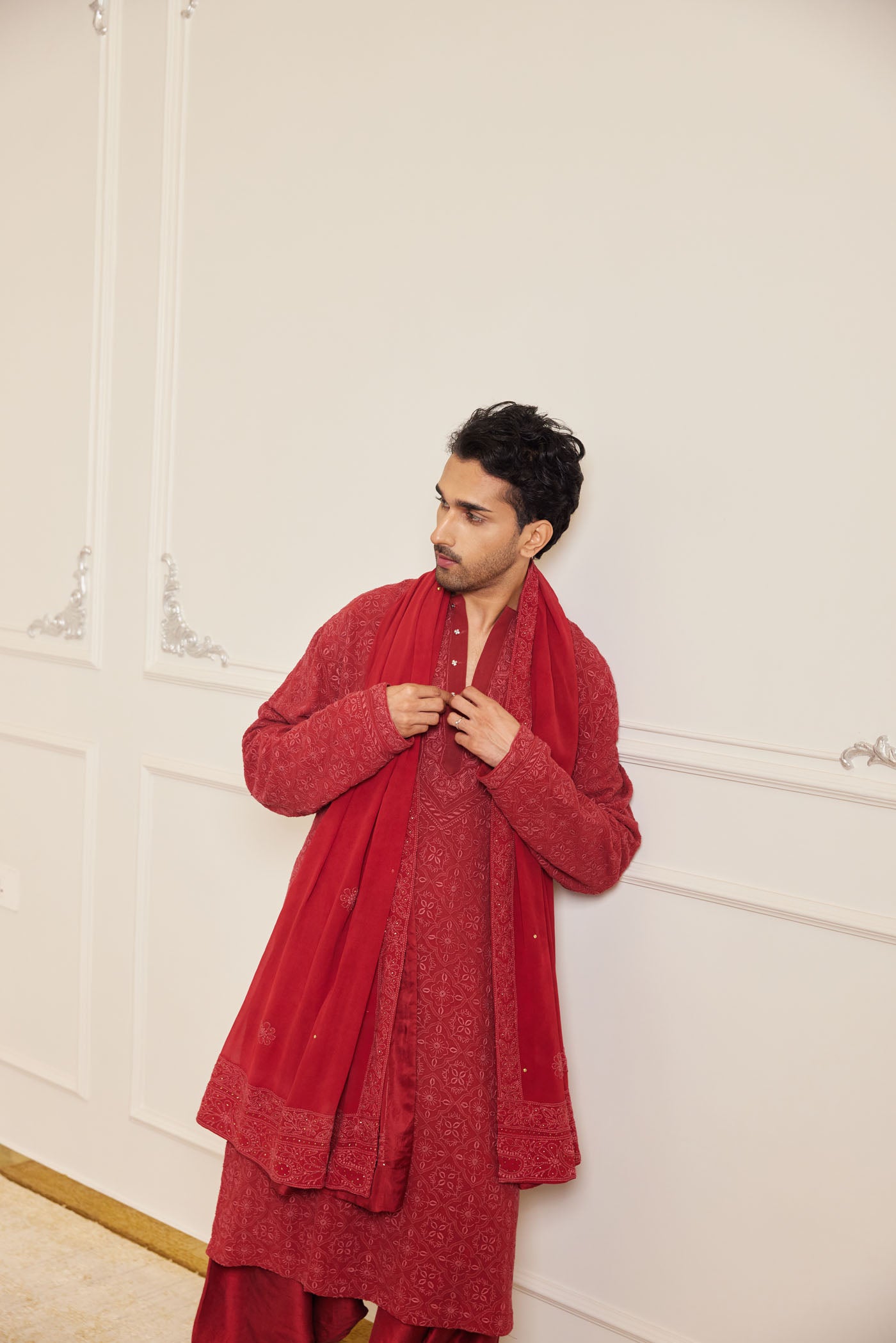 Deep Red Chikankari Kurta Set With Stole
