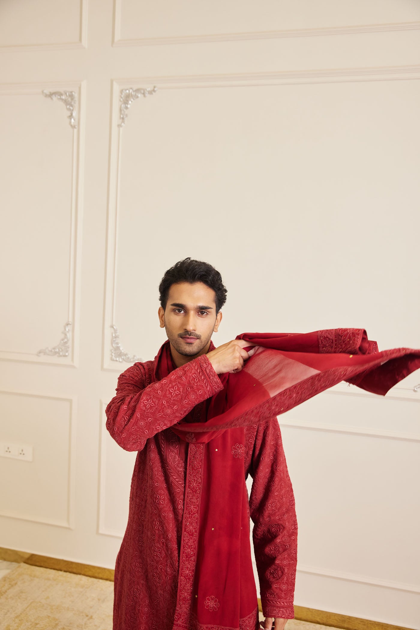 Deep Red Chikankari Kurta Set With Stole