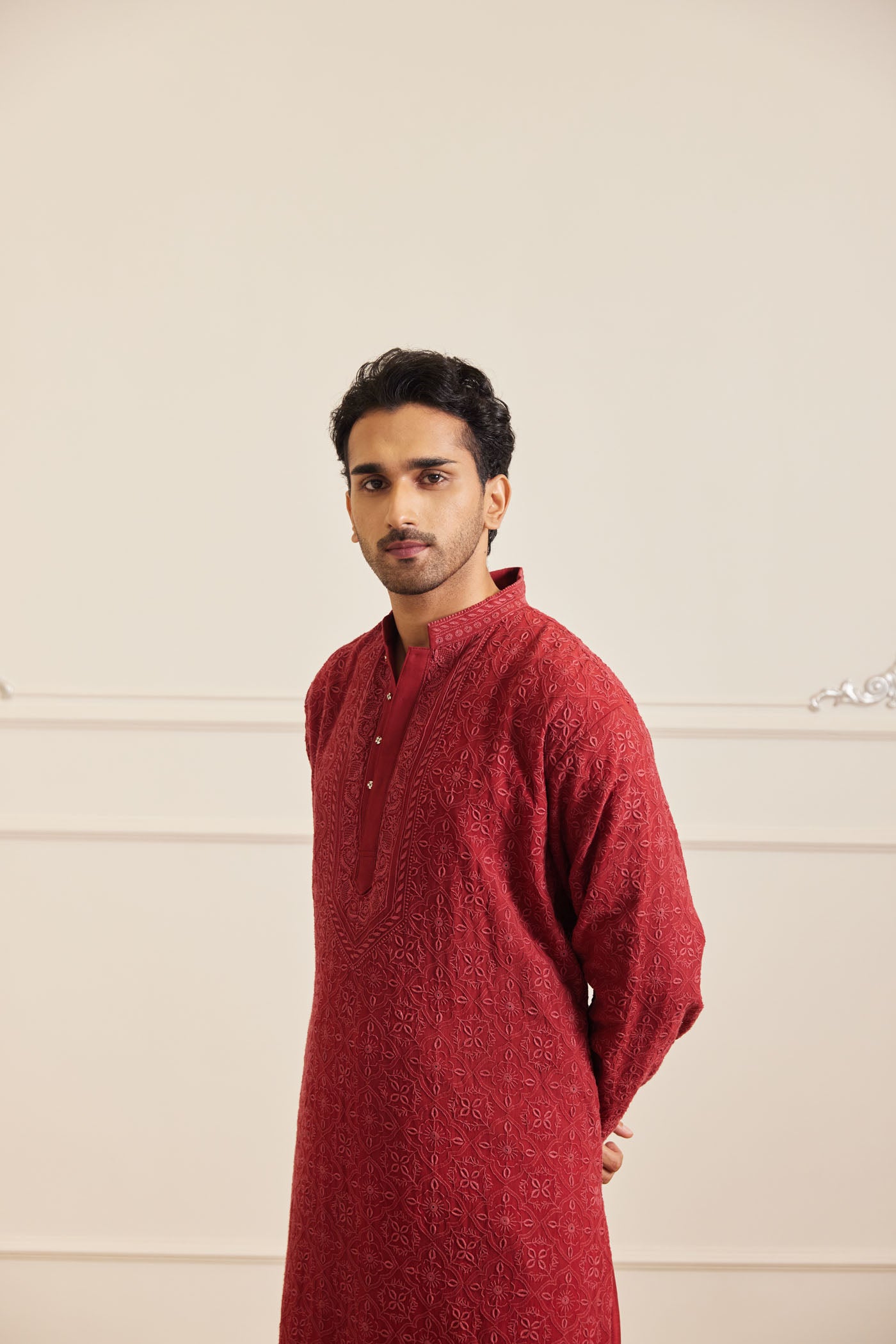 Deep Red Chikankari Kurta Set With Stole