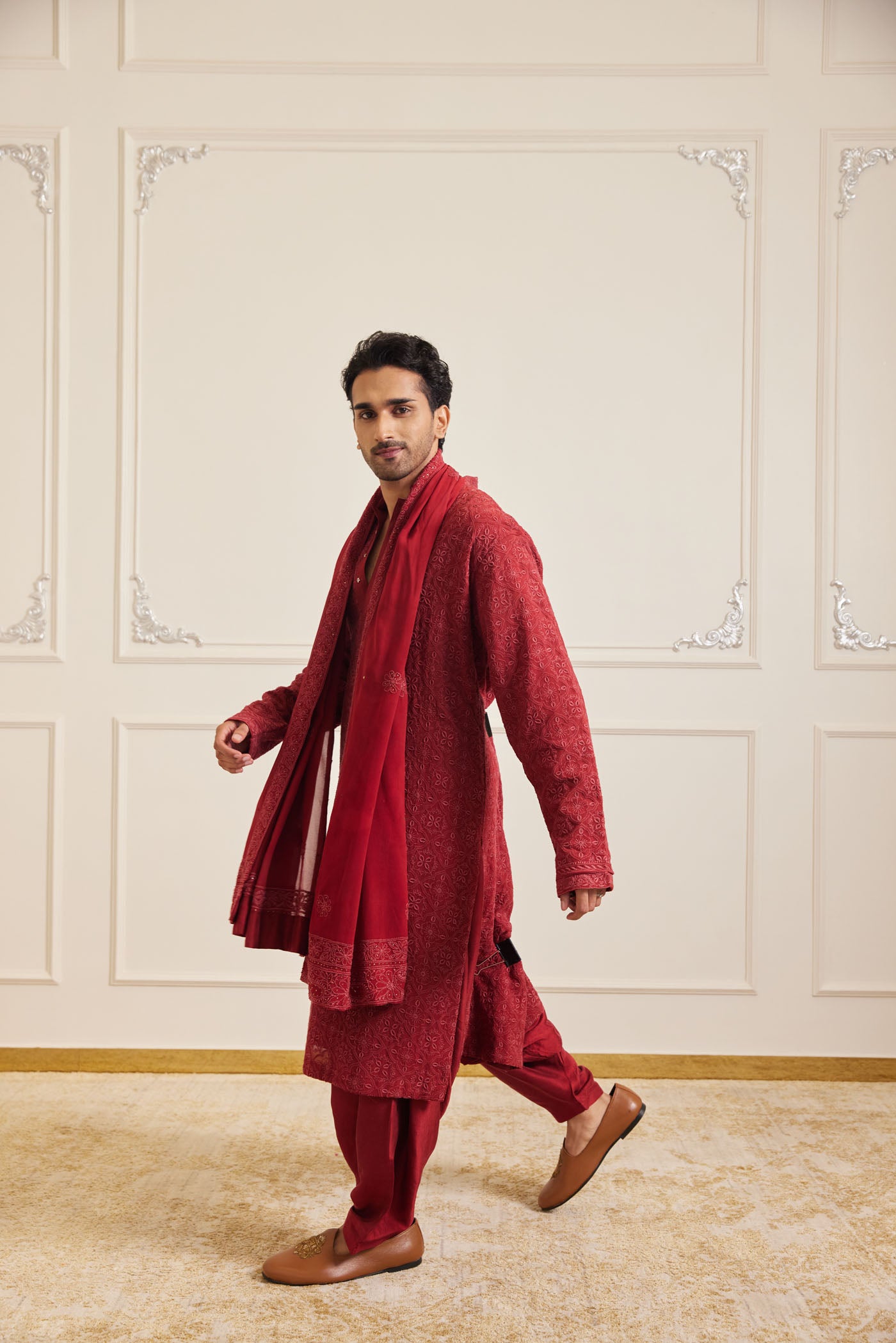 Deep Red Chikankari Kurta Set With Stole