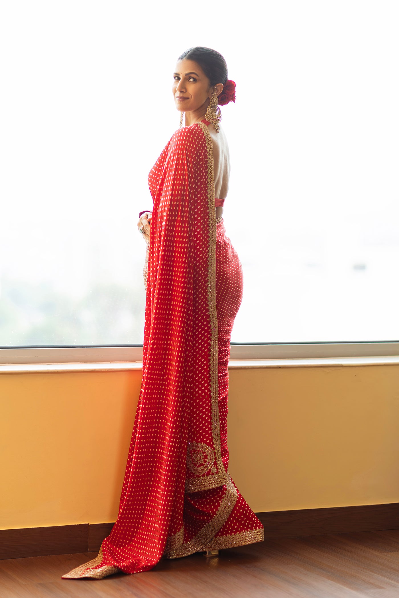 Red Bandhani Gota Work Saree Set