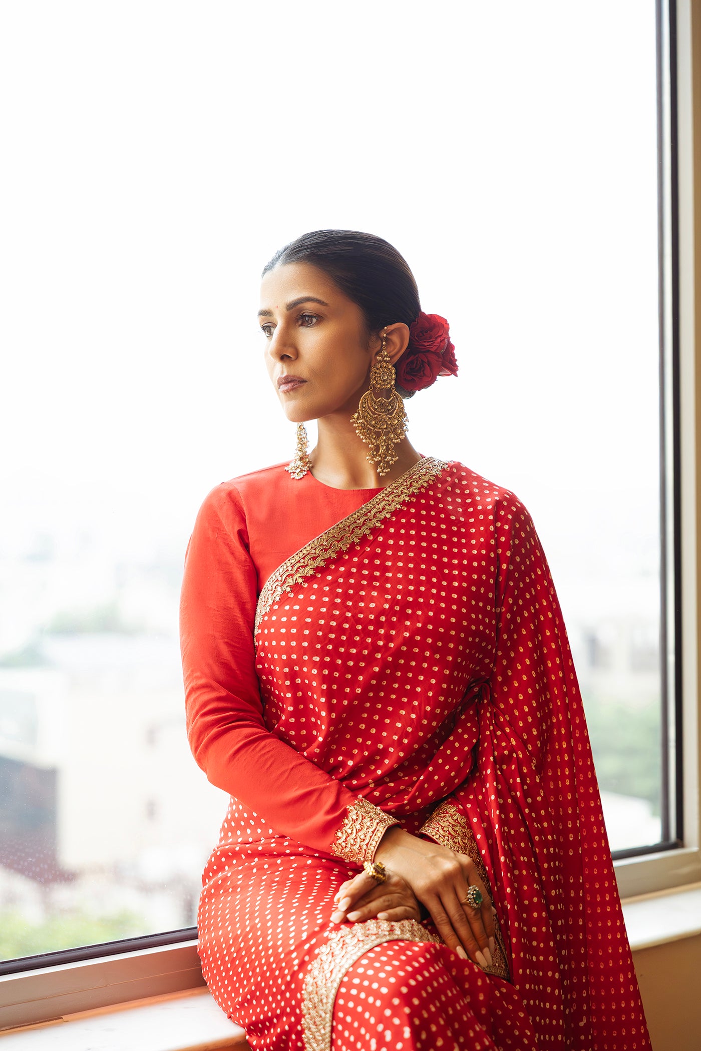 Red Bandhani Gota Work Saree Set