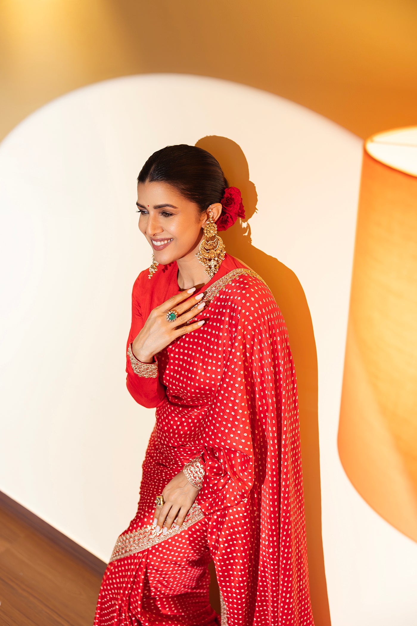 Red Bandhani Gota Work Saree Set