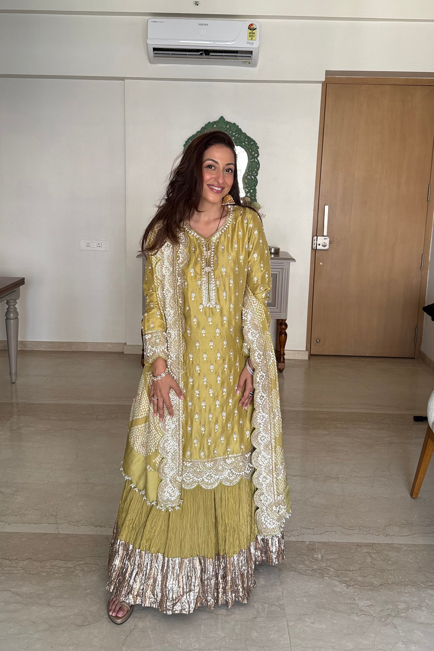 Olive Embroidered Kurta Sharara Set