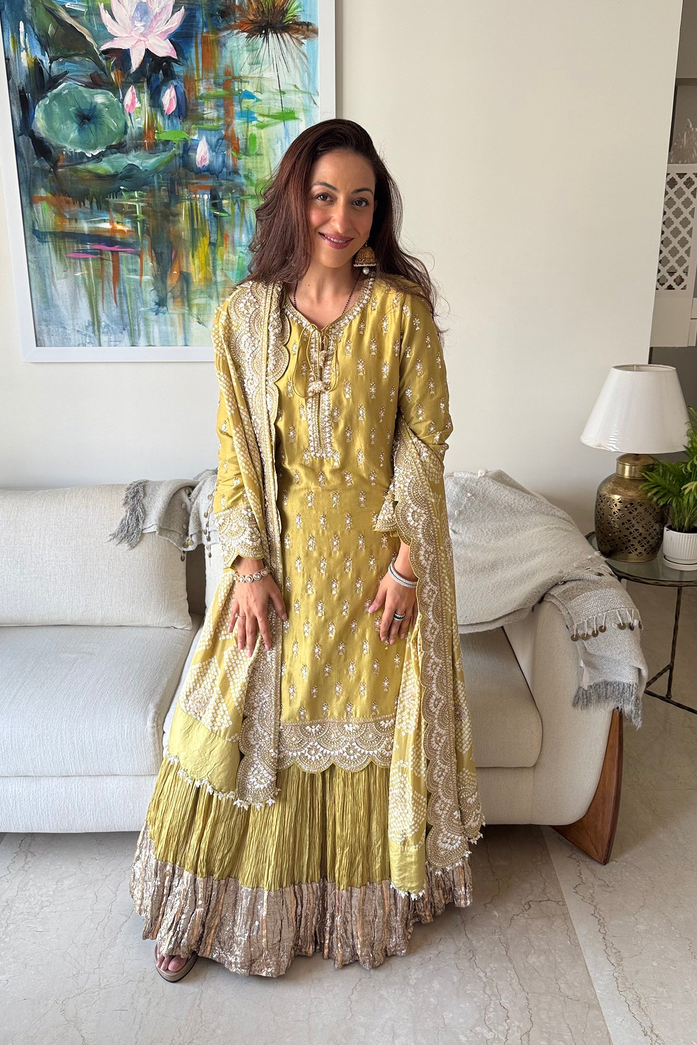 Olive Embroidered Kurta Sharara Set