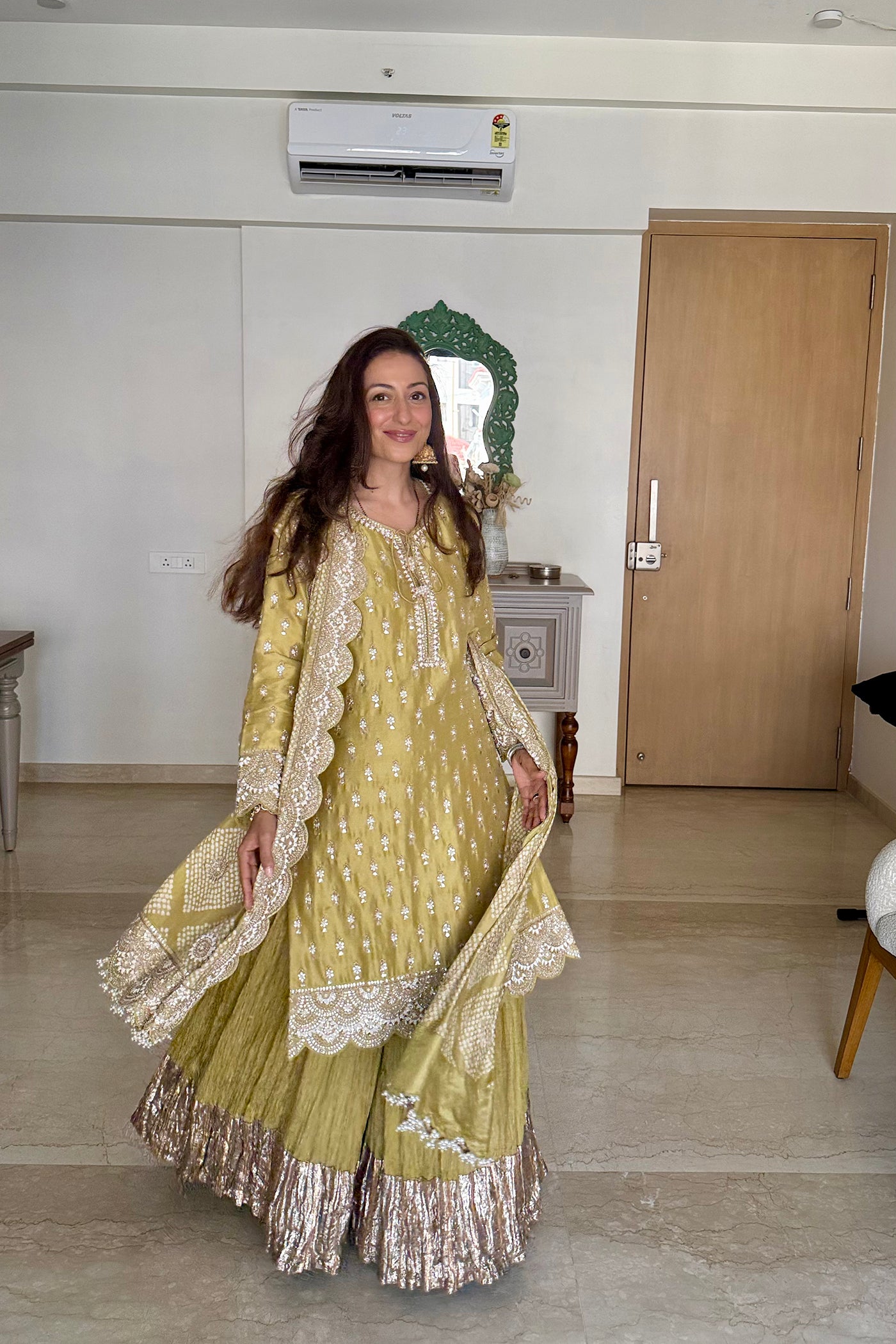 Olive Embroidered Kurta Sharara Set