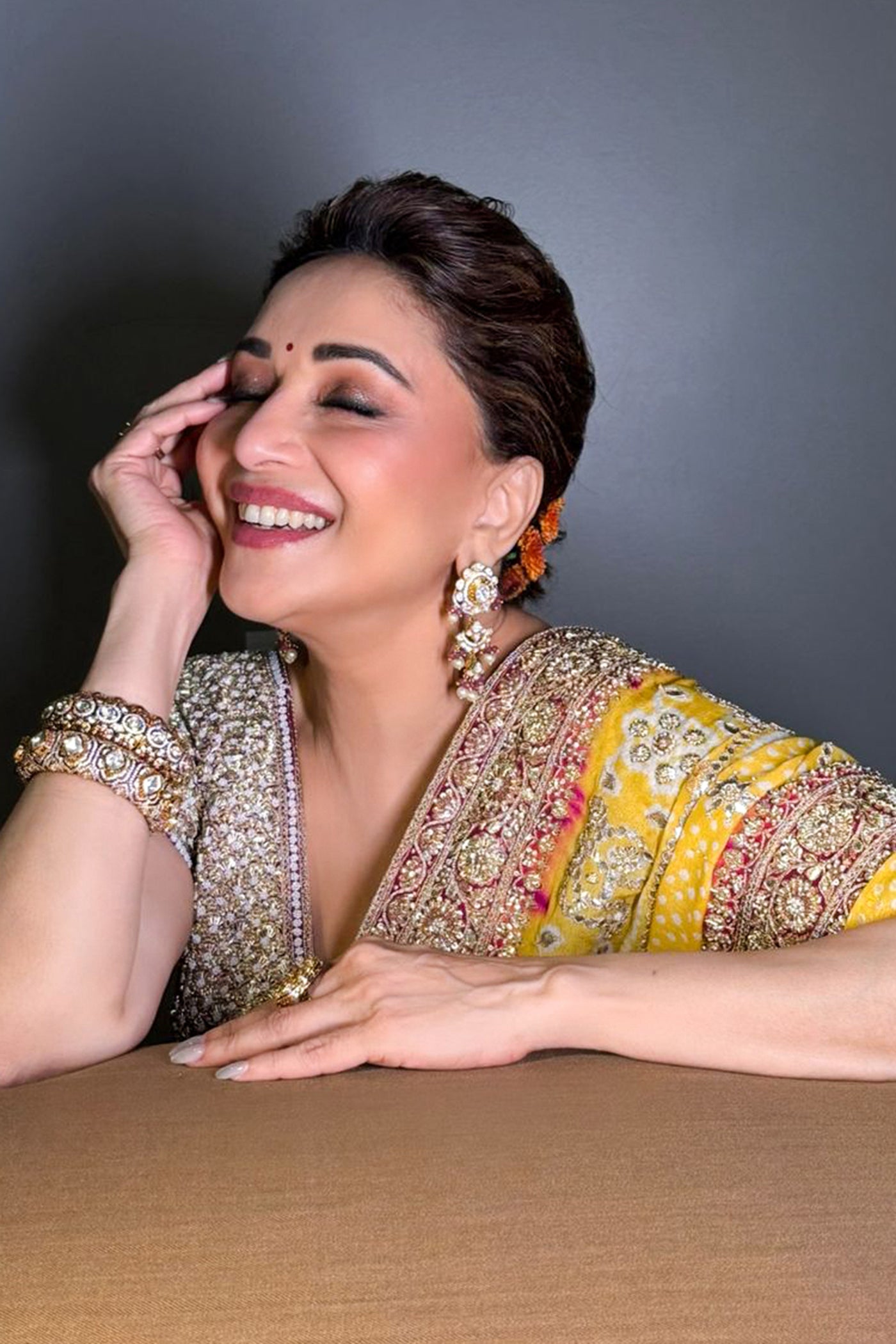 Yellow silk crush lehenga set with bandhani dupatta