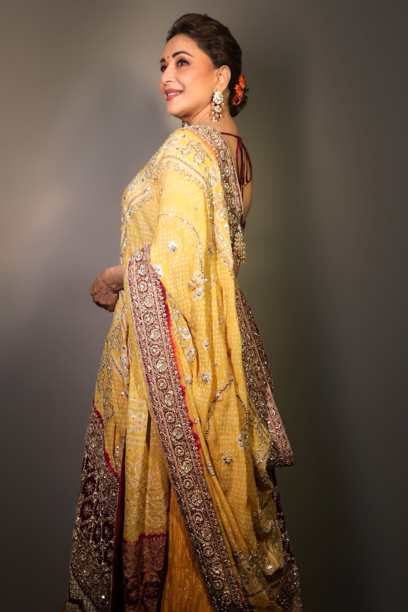 Yellow silk crush lehenga set with bandhani dupatta