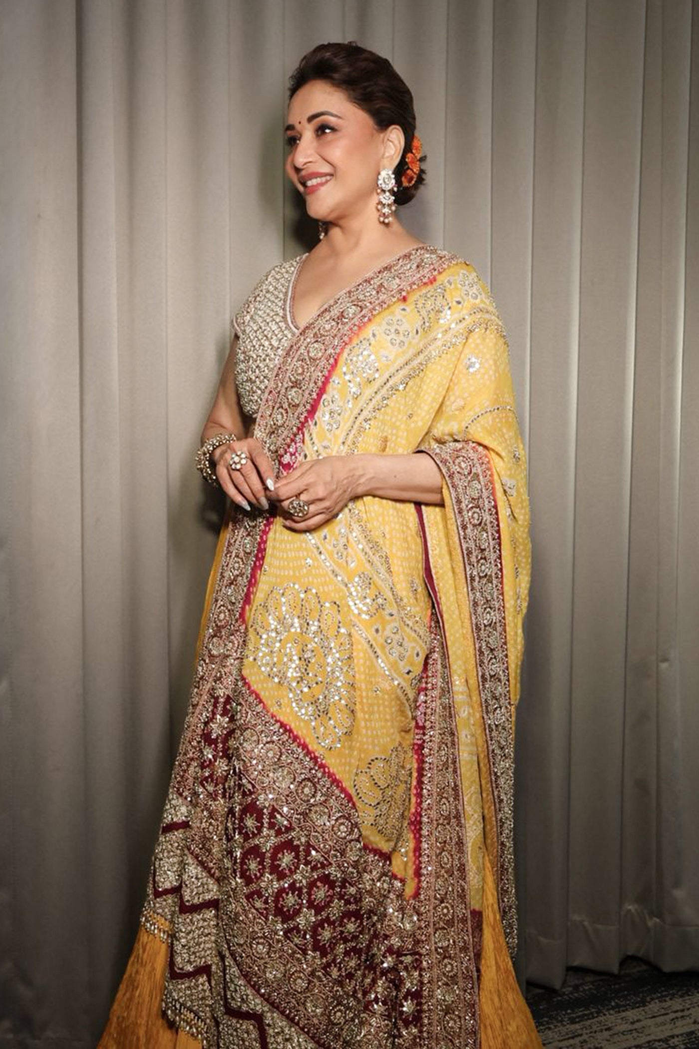 Yellow silk crush lehenga set with bandhani dupatta