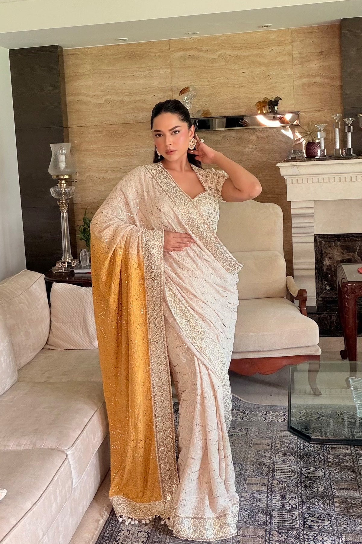CHANDNI GIRDHAR IN Ivory Chikankari Saree with Mustard Pallu
