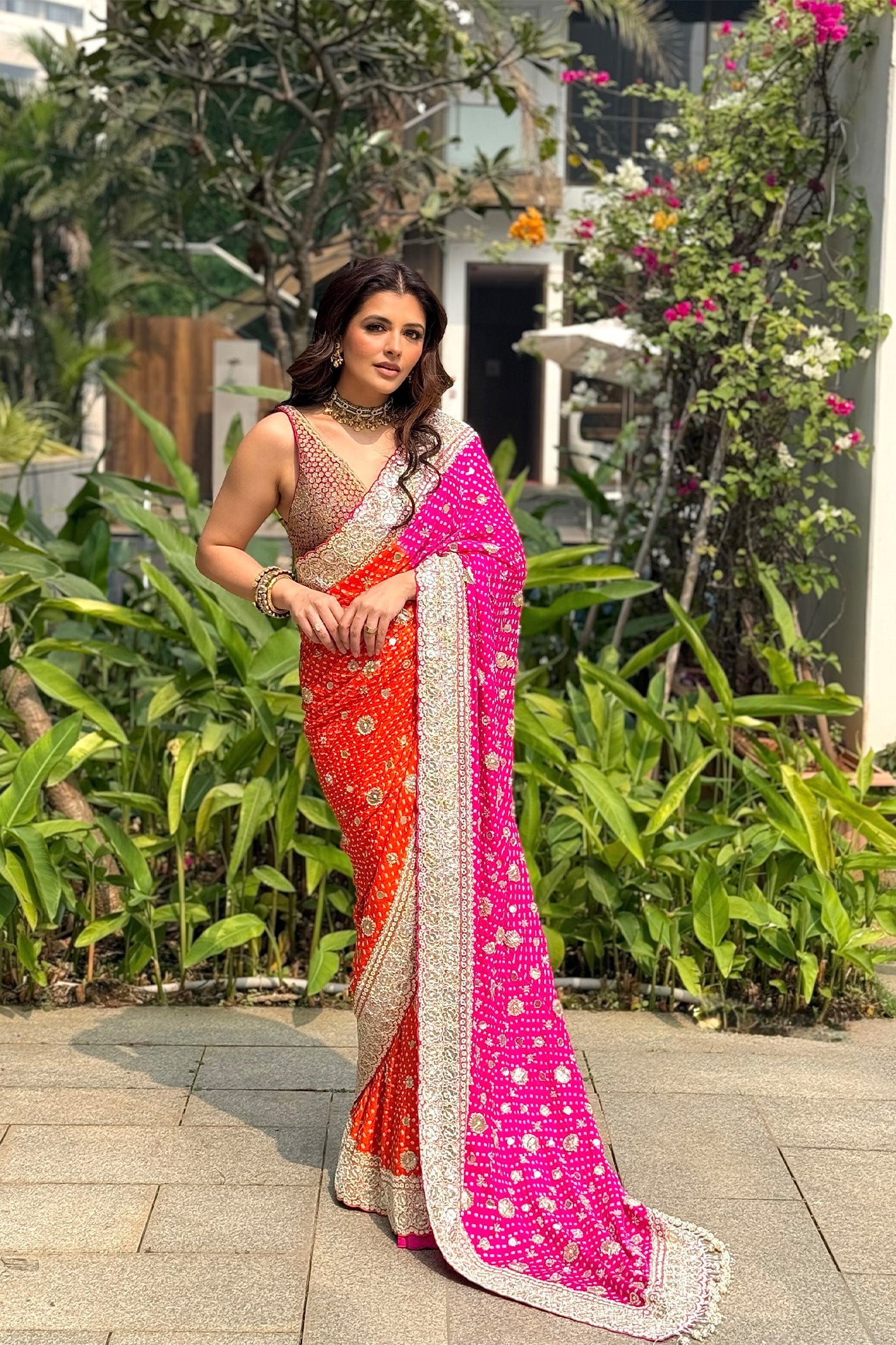 NATASHA LUTHRA In Orange pink bandhani saree